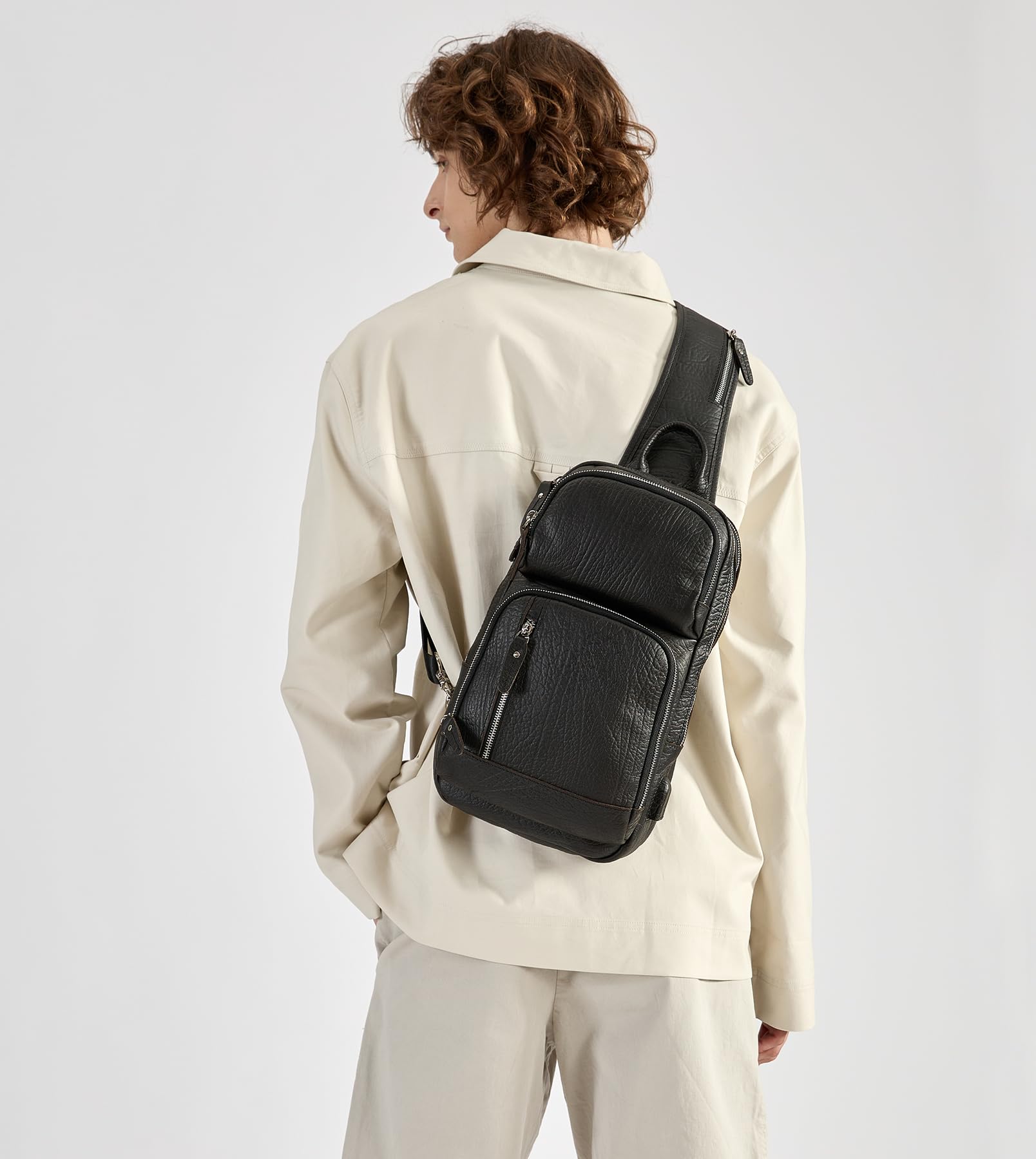 Premium Full Grain Leather Sling Bag for Men - Crossbody Chest Daypack with 10.5