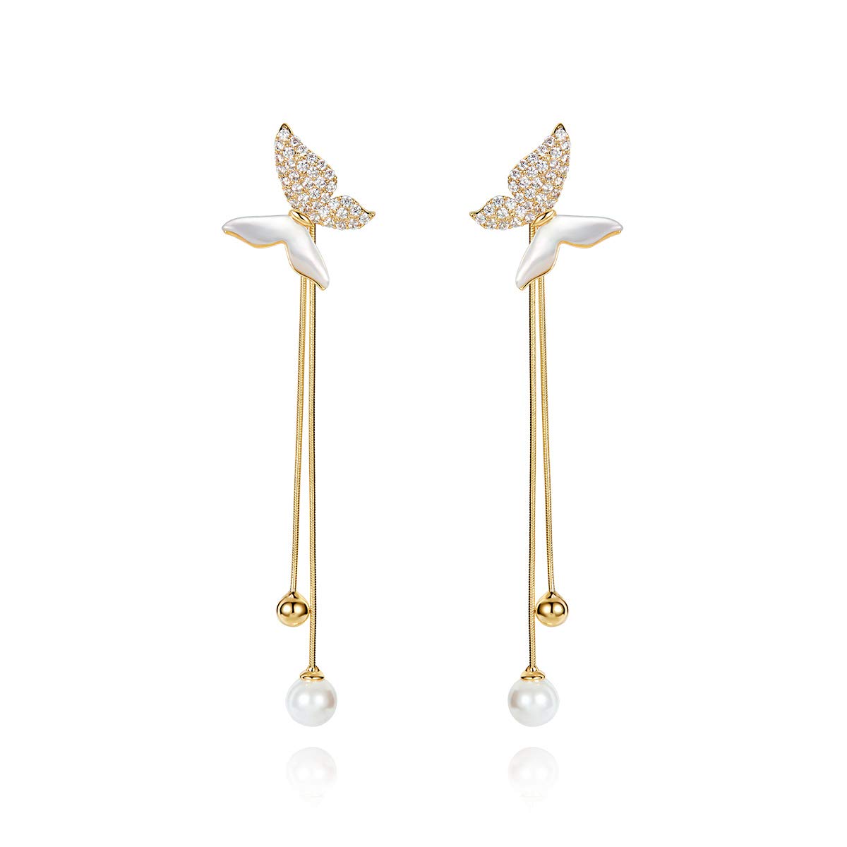 18K Gold Plated Butterfly Tassel Drop Earrings for Women - 3D CZ Crystal Dangle Fairy Earrings with Silver Post - Perfect for Parties, Weddings & Everyday Wear