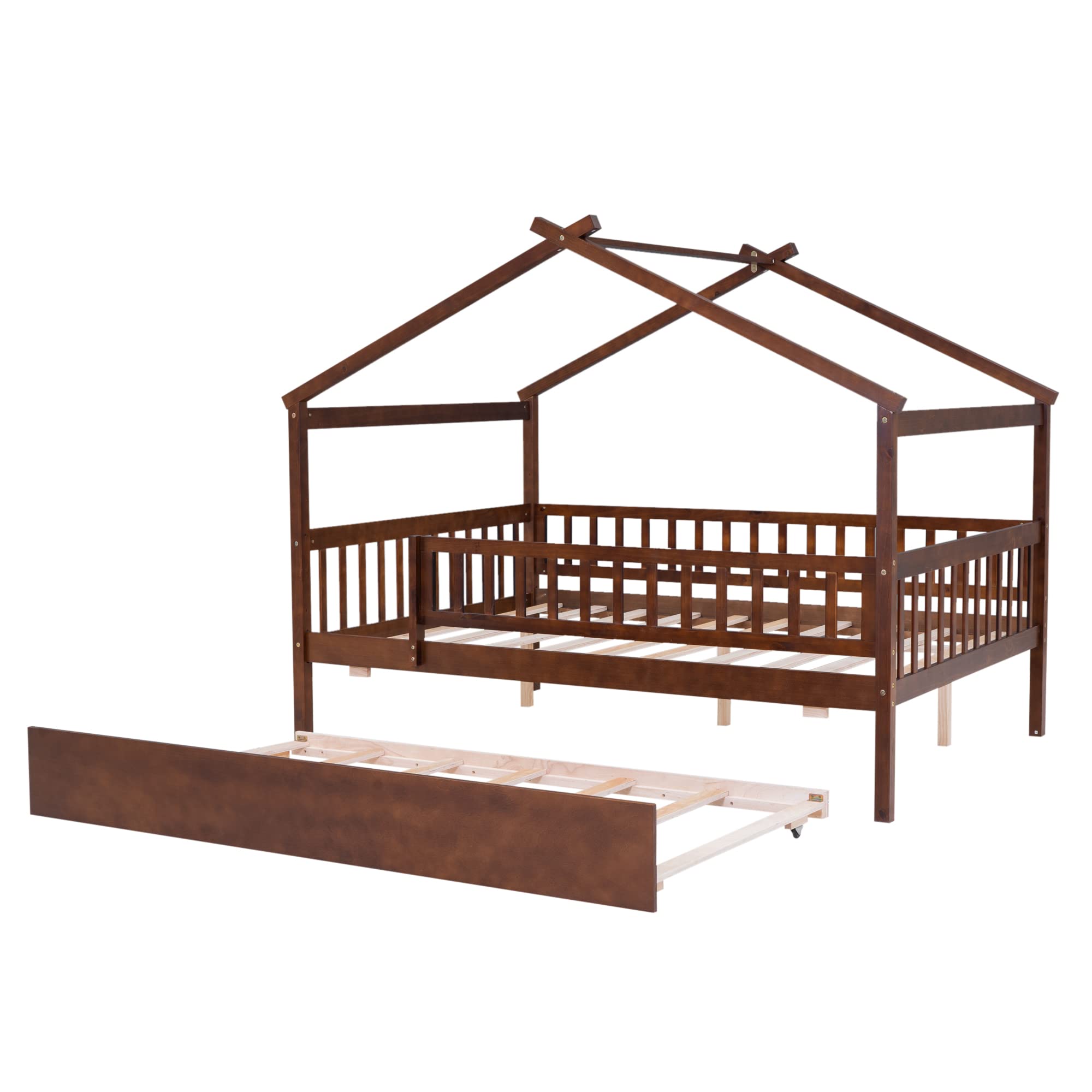 RUNNA Full Size Wooden House Bed with Twin Trundle & Roof - Solid Wood Platform Bed with Headboard & Footboard for Kids, Toddlers & Teens - Perfect for Bedrooms, Playrooms & Sleepovers (Walnut Finish, Full Size)