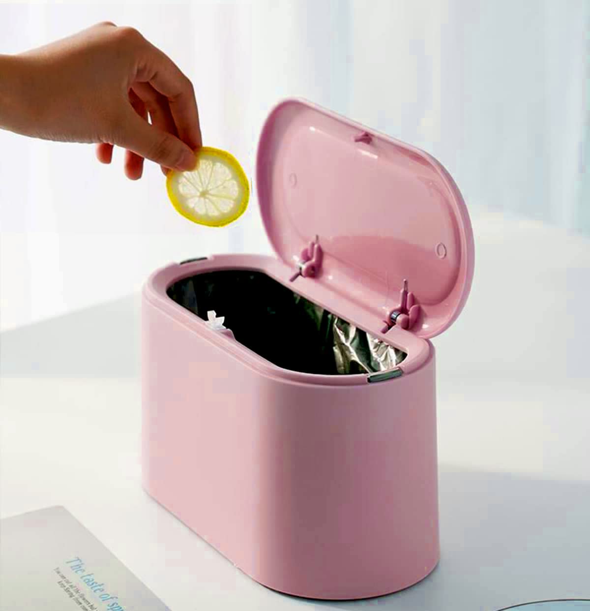 Mini Trash Can with Lid - Small Removable Garbage Bin, Compact Plastic Waste Basket for Bathroom, Office, Kitchen, Desk & Coffee Table - Pop-Up Countertop Lint Bin (Pink) | Perfect for Home, Office & Travel Use