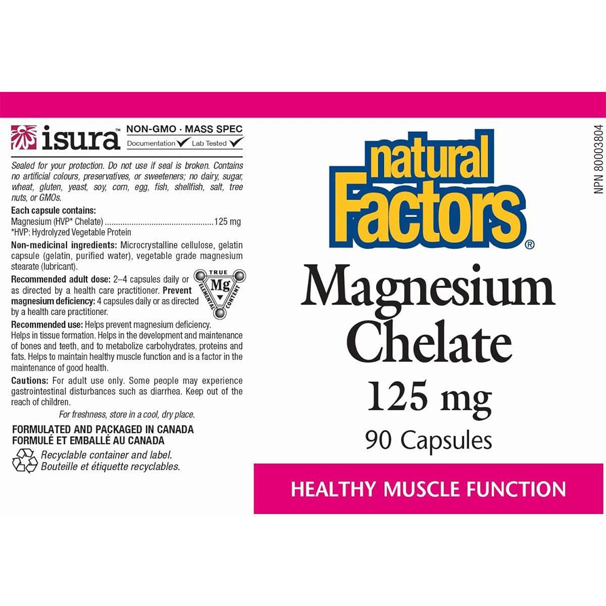 Natural Factors Magnesium Chelate 125mg - 90 Capsules for Stress Relief, Muscle Relaxation & Better Sleep - High Absorption Supplement for Heart Health & Energy Boost