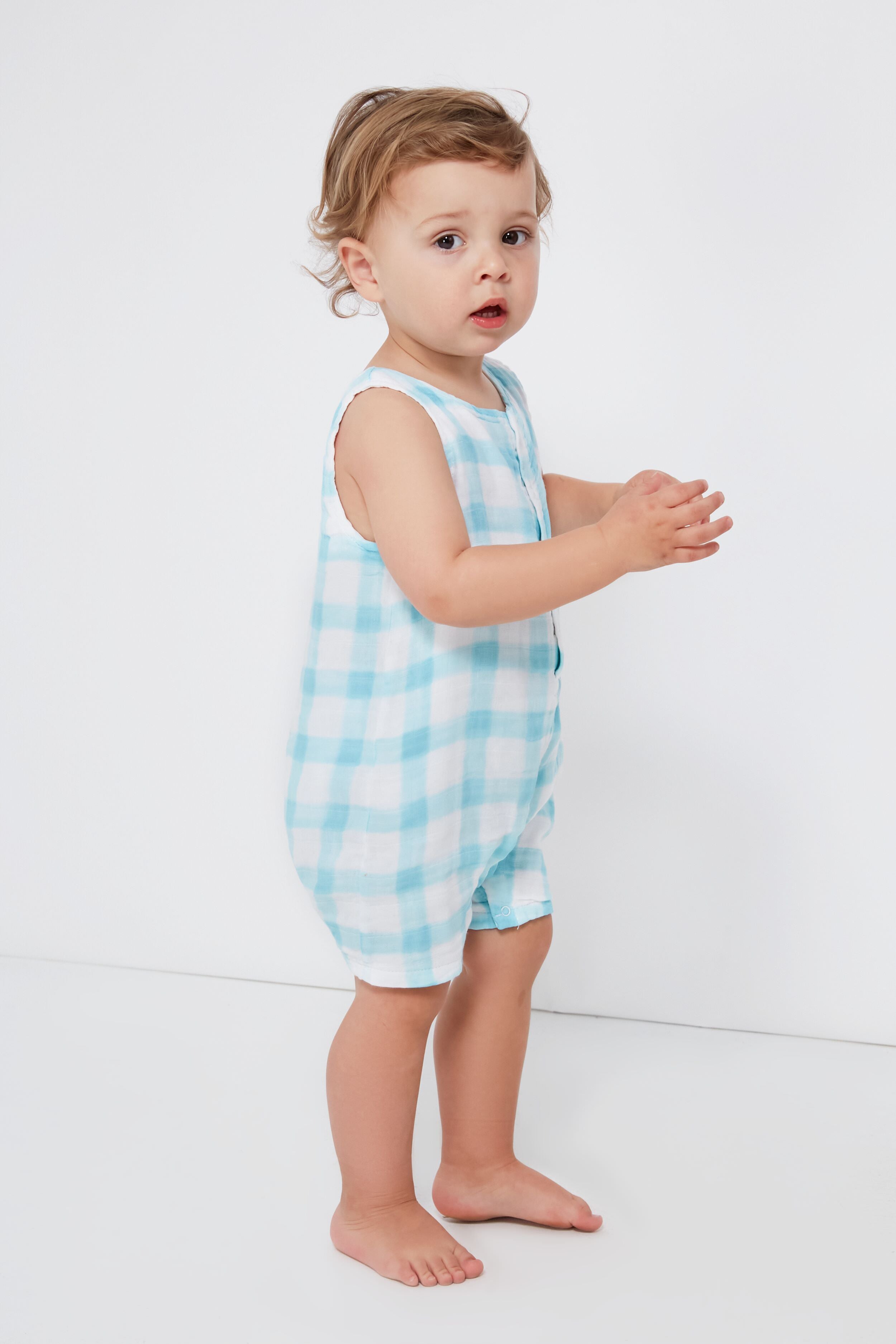 Blue Painted Gingham Shortie Romper for Women - Summer Casual Outfit, Beach Cover Up, Vacation Dress, Boho Chic Jumpsuit