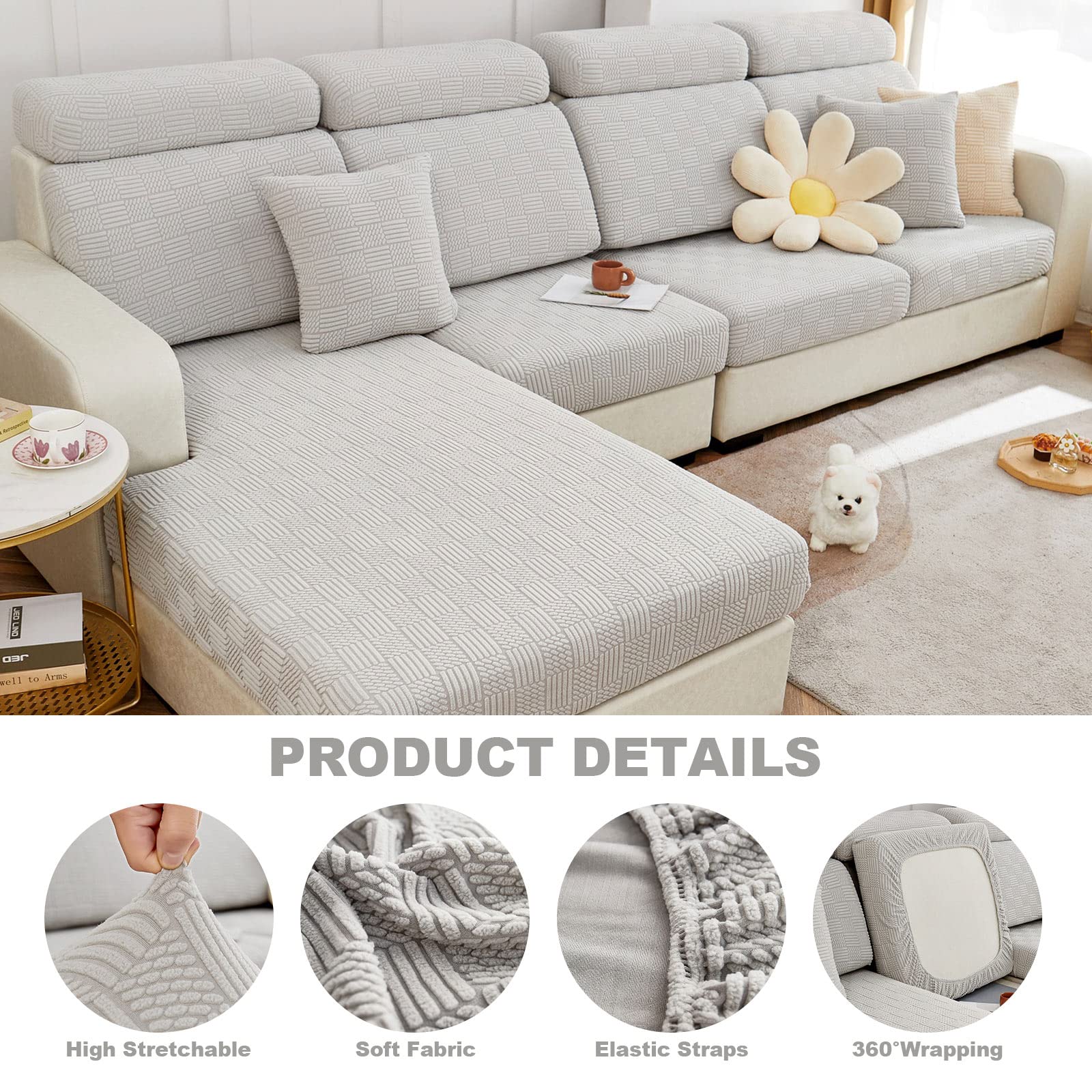 Elastic L-Shaped Sectional Sofa Slipcover with Chaise Lounge Cover - Couch Cushion Protector for Living Room Furniture (62-74 Inch Length, 35-43 Inch Width, Grey & White) - Perfect for Pet Owners & Family Gatherings