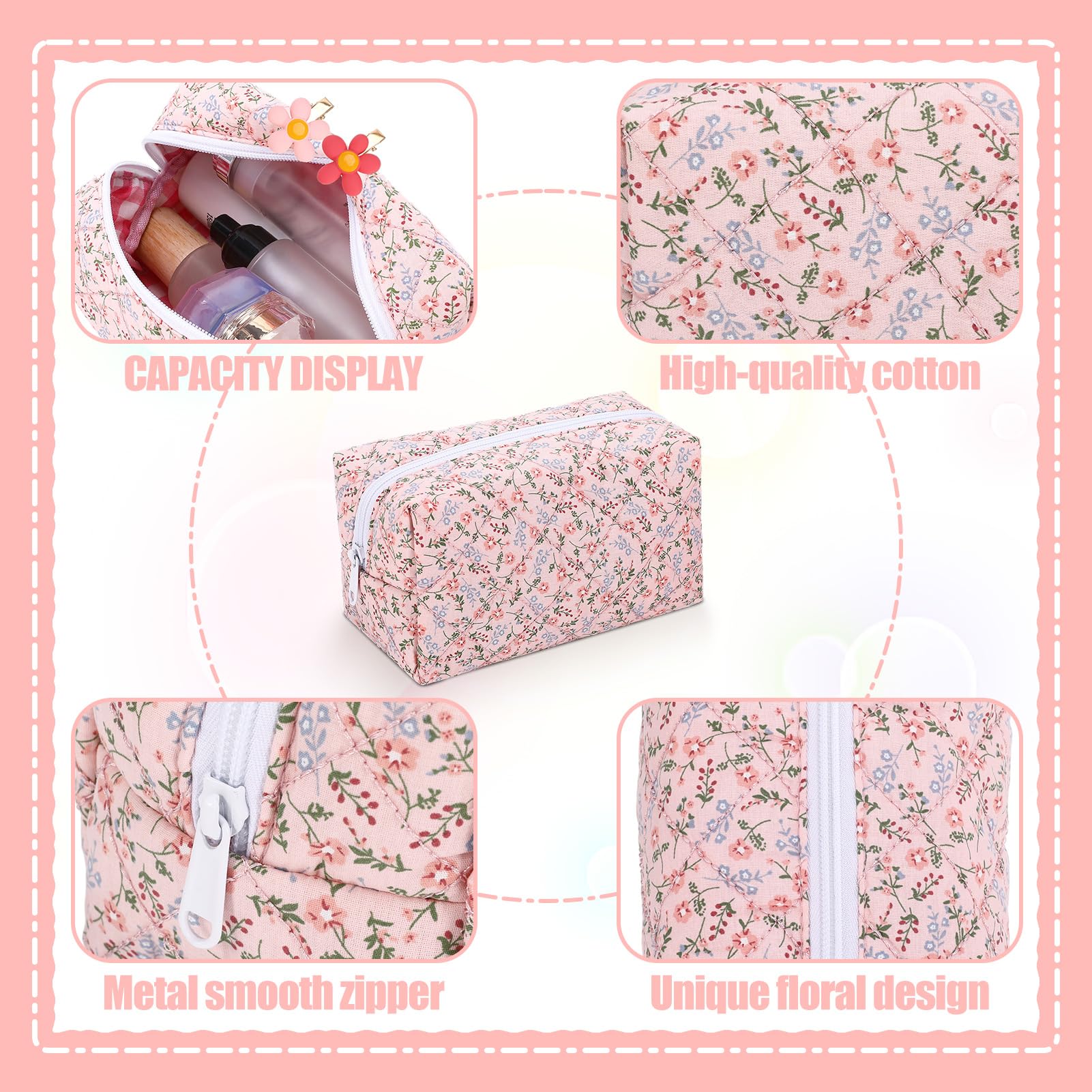 2 Pack Floral Makeup Bags for Women - Large Quilted Cotton Cosmetic Organizer with Zipper, Cute Fashionable Travel Toiletry Pouch & Free Floral Hair Clip - Perfect for Travel, Gym, and Daily Makeup Storage