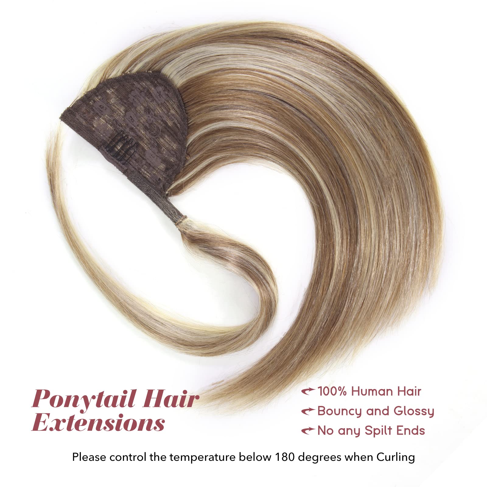 Tinashe 20inch Remy Human Hair Ponytail Extension - Light Brown & Bleach Blonde Wrap Around Pony Tail Hairpiece for Women (#P10/613) | Perfect for Parties, Weddings & Everyday Styling