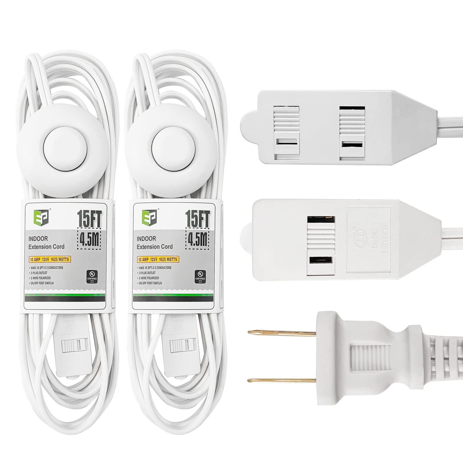 2-Pack 15ft Extension Cord with Foot Switch - 3 Outlet Power Strip with ON/Off Switch, 2-Prong 16/2C White Electrical Cord for Home Office, Workshop & Holiday Decorations