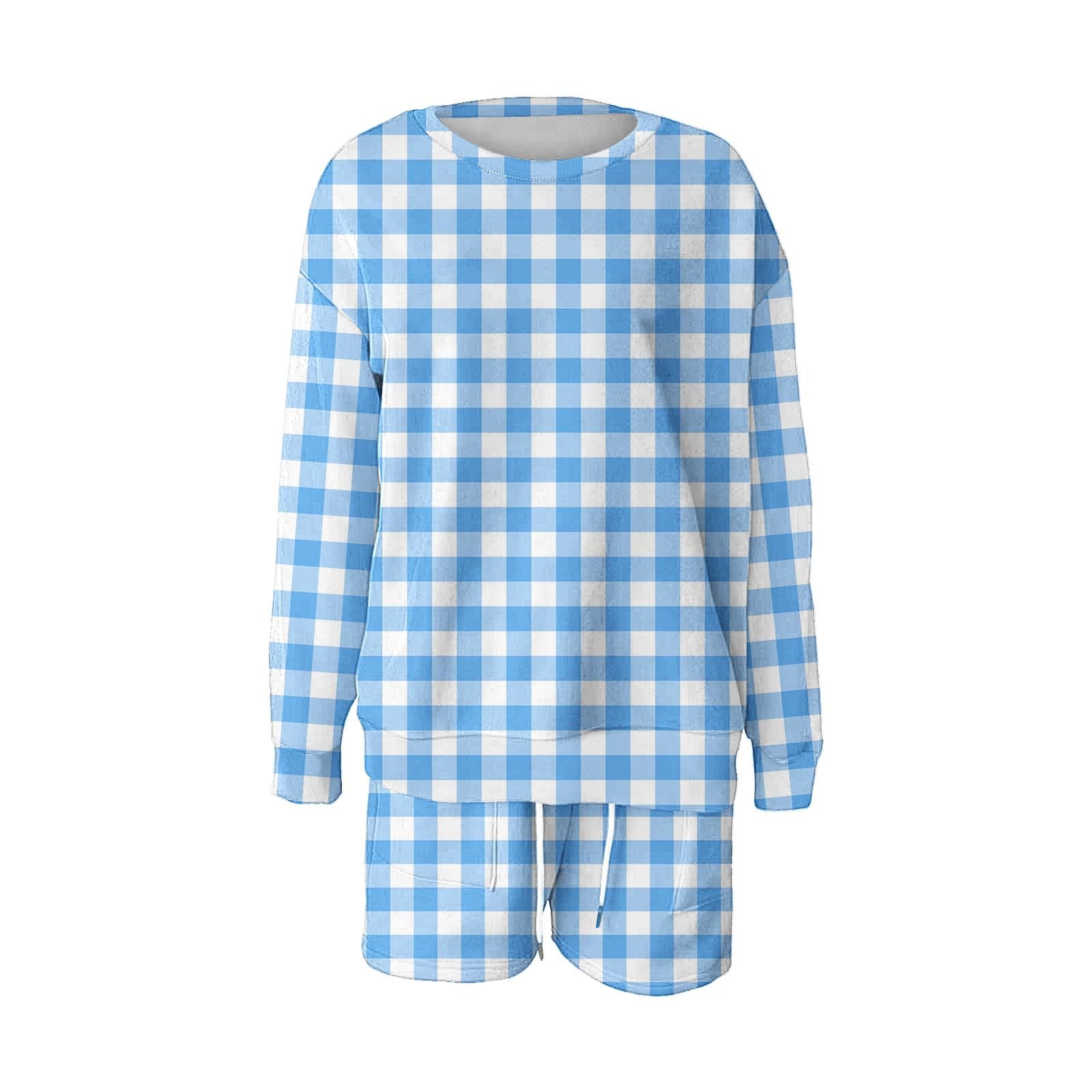Women's 2 Piece Lounge Set - Soft Scoop Neck Checkered Print Pajama Set with Drawstring Waist & Oversized Long Sleeves - Cozy Loungewear for Home, Sleep & Relaxation
