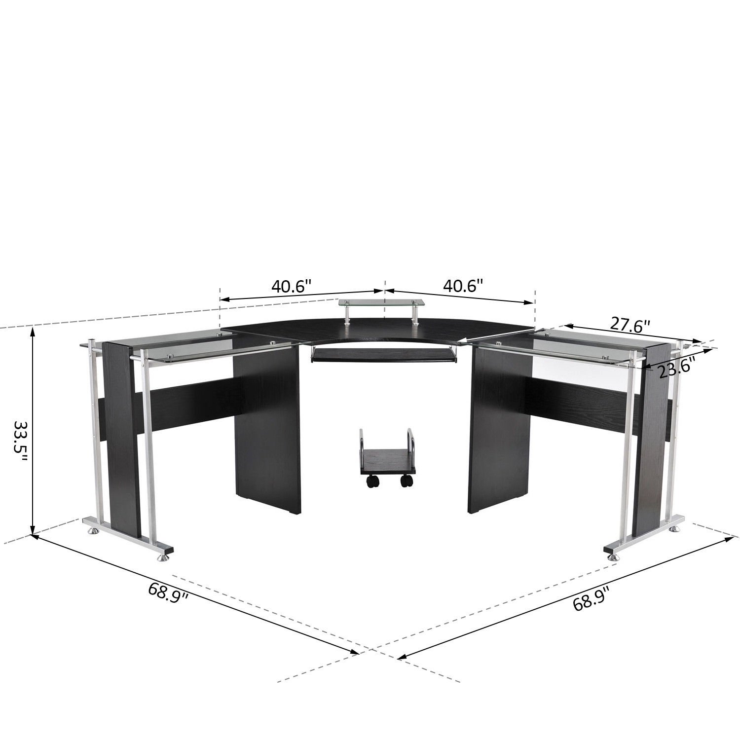 HOMCOM 69 Inch Black Modern L-Shaped Tempered Glass Office Computer Desk with Monitor Stand, CPU Holder, Keyboard Tray & Steel Frame - Perfect for Home Office, Gaming & Workspace Setup