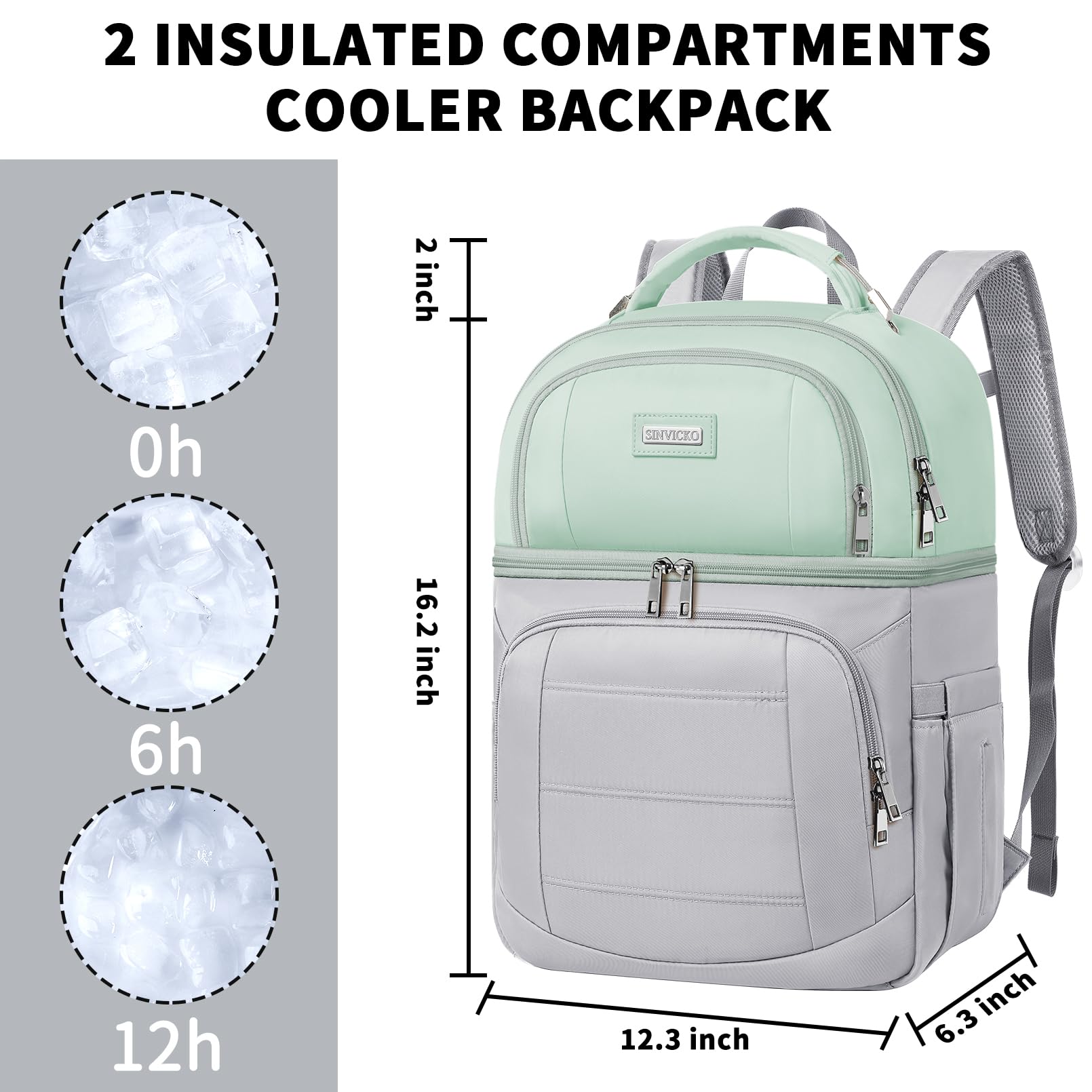 **Insulated Cooler Backpack - Leak Proof, Double Deck Lunch Box Backpack for Men & Women (Light Green & Grey) - Perfect for Picnics, Camping & Beach Trips**