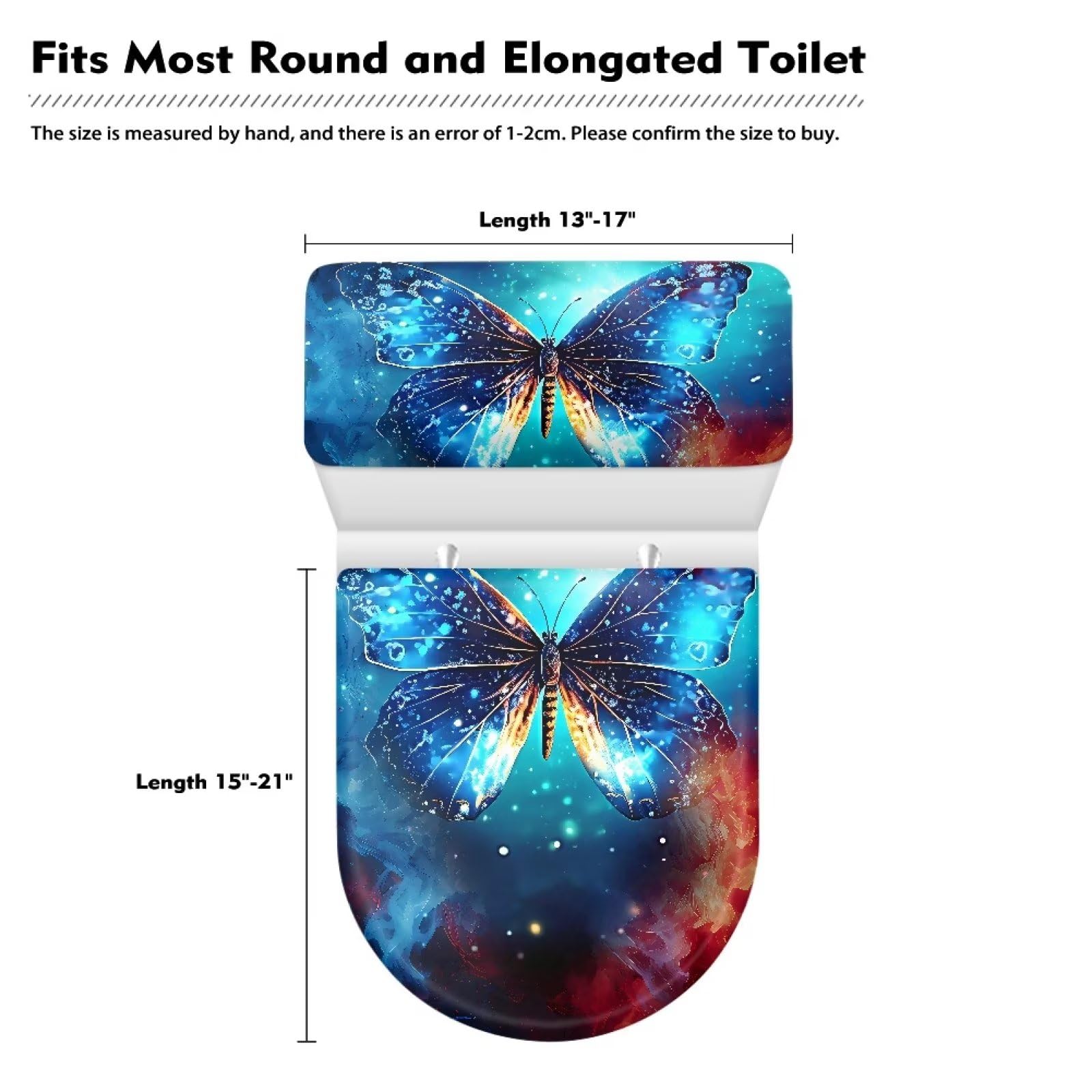 Blue Butterfly Stretchable Toilet Lid & Tank Cover Set - Non-Slip Elastic Edge Fits Round & Elongated Toilets - Bathroom Decor Upgrade for Home, RV & Guest Restrooms