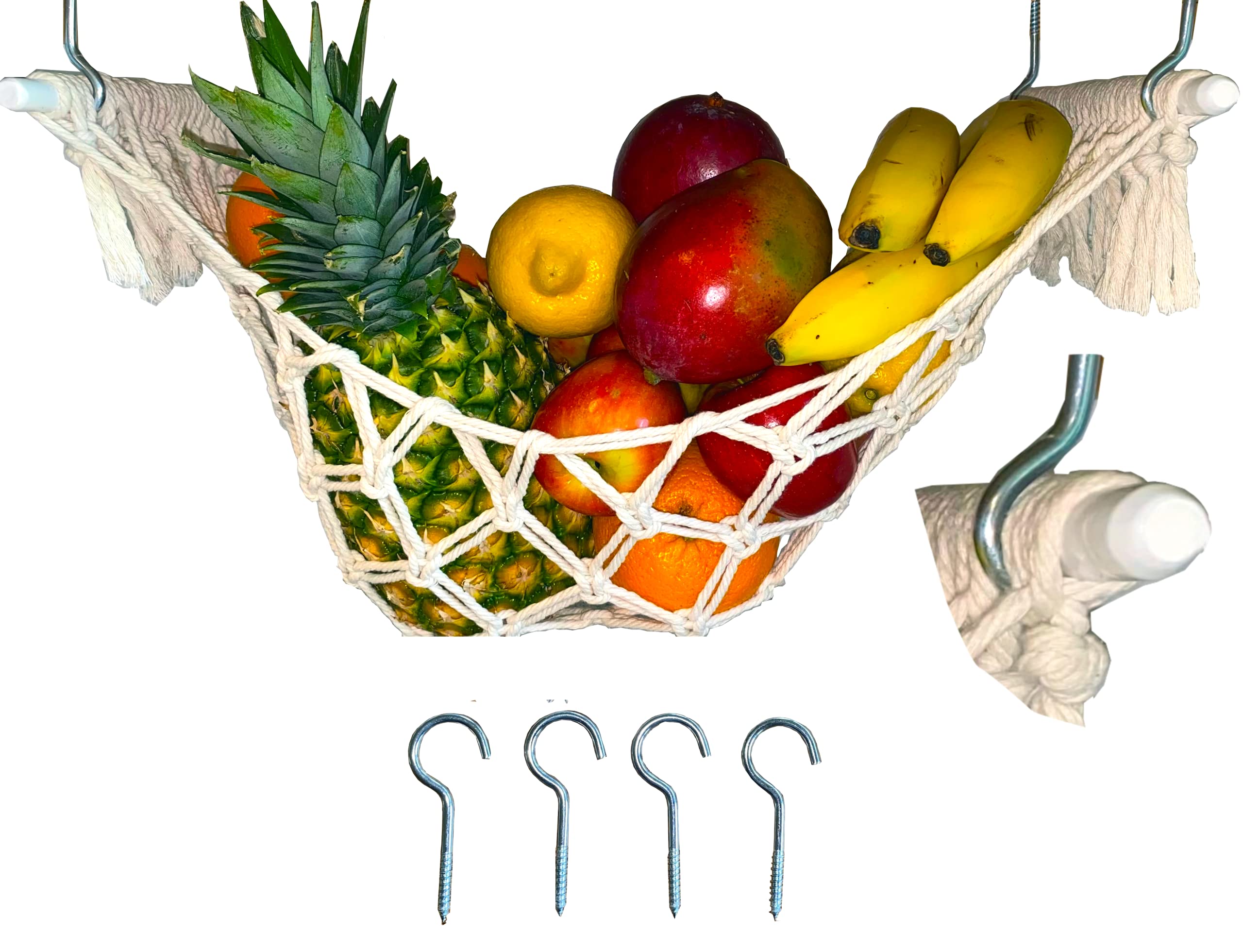 Eco-Friendly White Cotton Under Cabinet Macrame Fruit & Vegetable Hammock - Handmade Boho Design with Fringe - Deep Pocket Hanging Storage Organizer - Perfect for Kitchen, RV, Camper, Boat & Small Space Organization