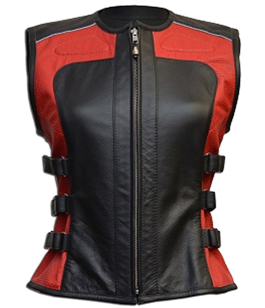 Women's Red & Black Biker Cow Leather Vest - Stylish Motorcycle Jacket for Women | Perfect for Riding, Casual Outfits & Night Out