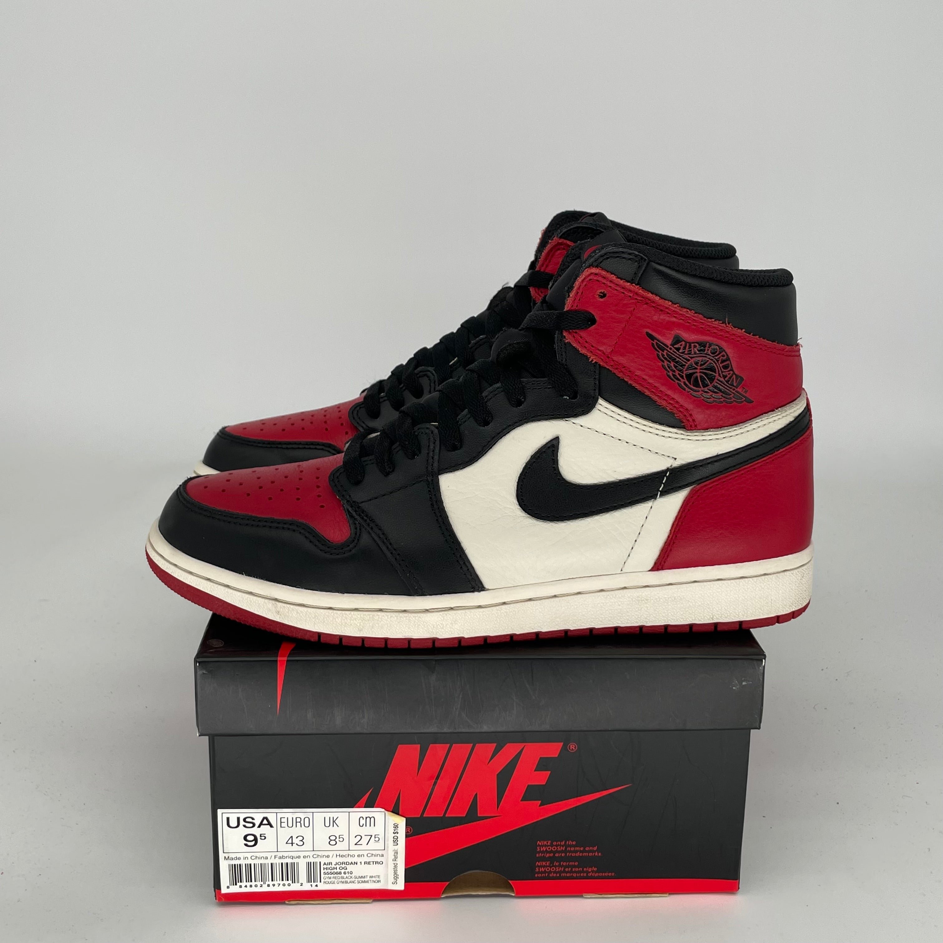 Air Jordan 1 Retro High OG 'Bred Toe' Men's Basketball Shoes Size 9.5 - Style Code 555088-610 | Authentic Sneakers for Streetwear, Basketball & Casual Wear