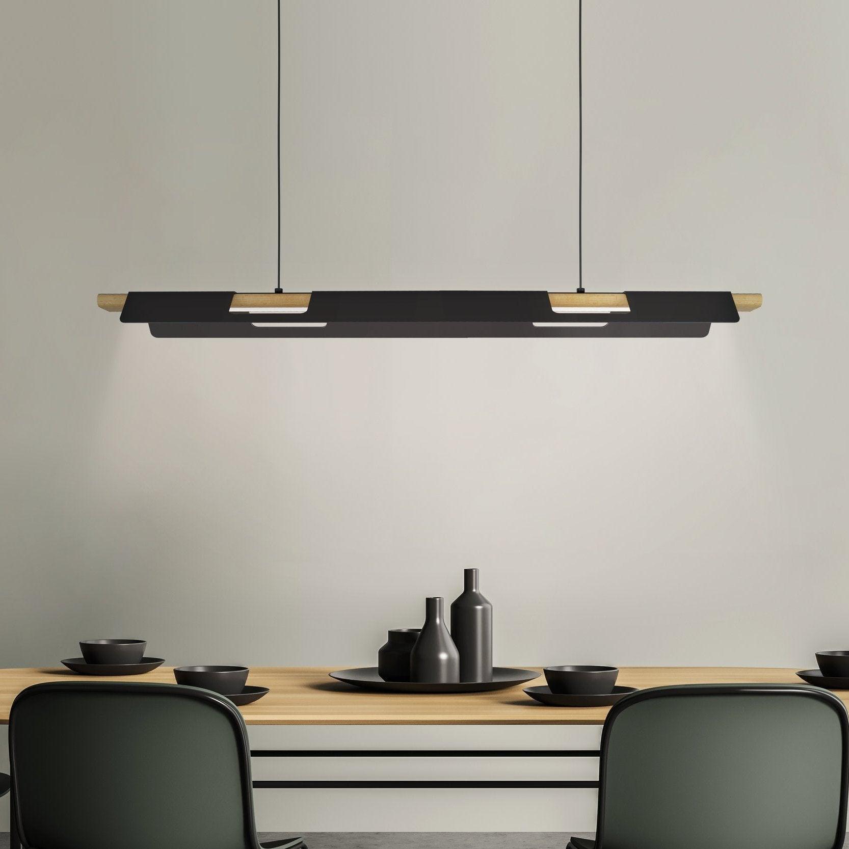 Eglo Ermua Modern LED Pendant Light - Black Sheet Metal & Rubberwood Design - Perfect for Kitchen Island, Dining Room, or Living Room Lighting