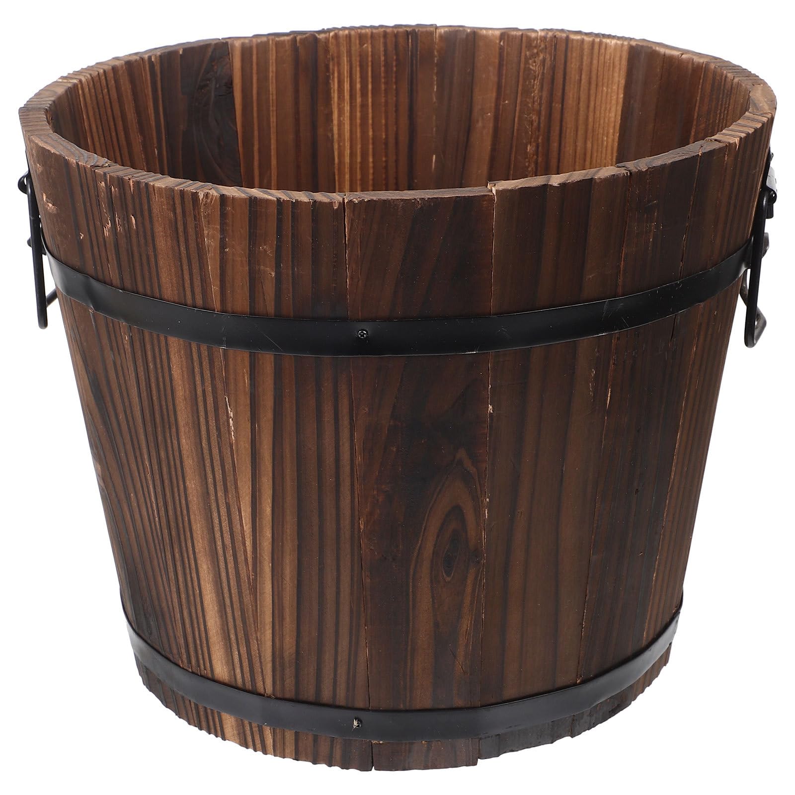 Rustic Wooden Flower Planter Barrel with Drainage Holes & Handles - 11.8 x 9.1 Inch Decorative Garden Bucket for Patio, Backyard, and Indoor Plants - Perfect for Flowers, Succulents, and Herbs