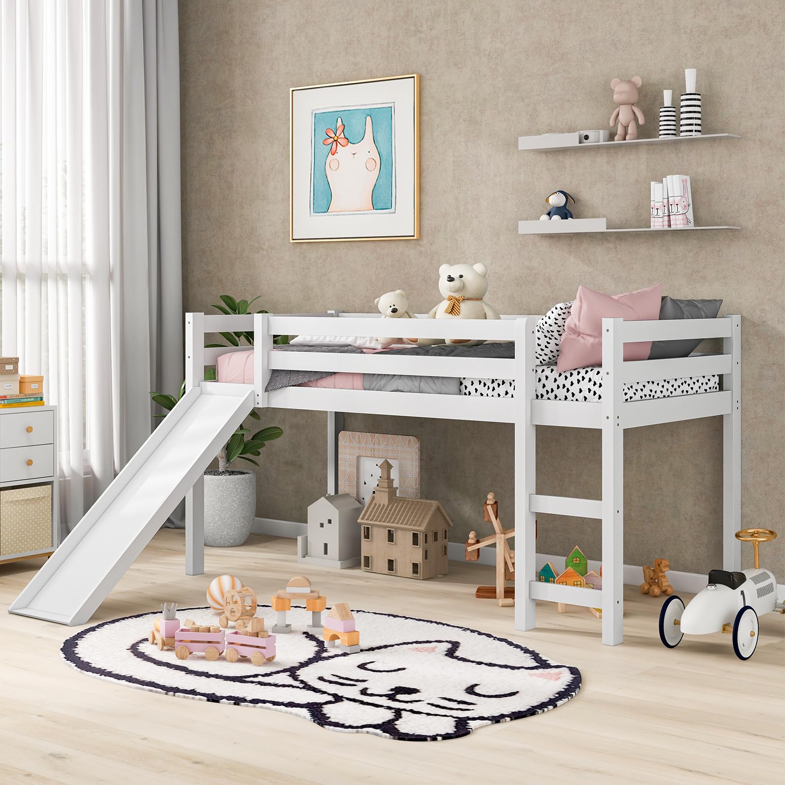 NAFORT Twin Loft Bed with Slide & Stairs - Solid Wood Low Loft Bed Frame for Kids, Girls & Boys - Includes Climbing Ladder, Guard Rails & Slat Support - Perfect for Small Bedrooms, Playrooms & Dorm Rooms