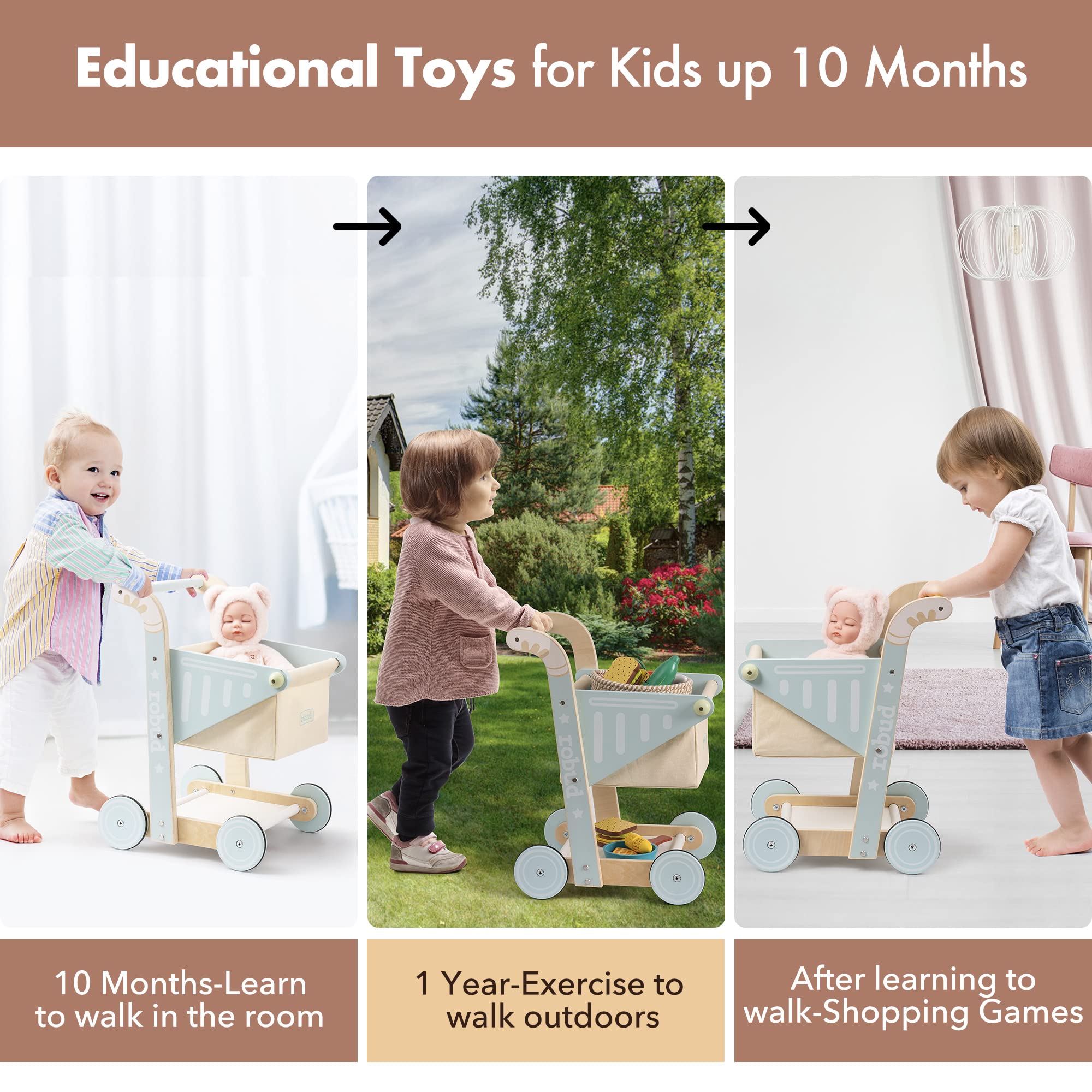 ROBOTIME Wooden Baby Push Walker & Shopping Cart Toy - Learning to Walk Assistant for Toddlers 10+ Months - Perfect for Boys & Girls - Encourages Early Walking & Playtime Fun at Home or Daycare