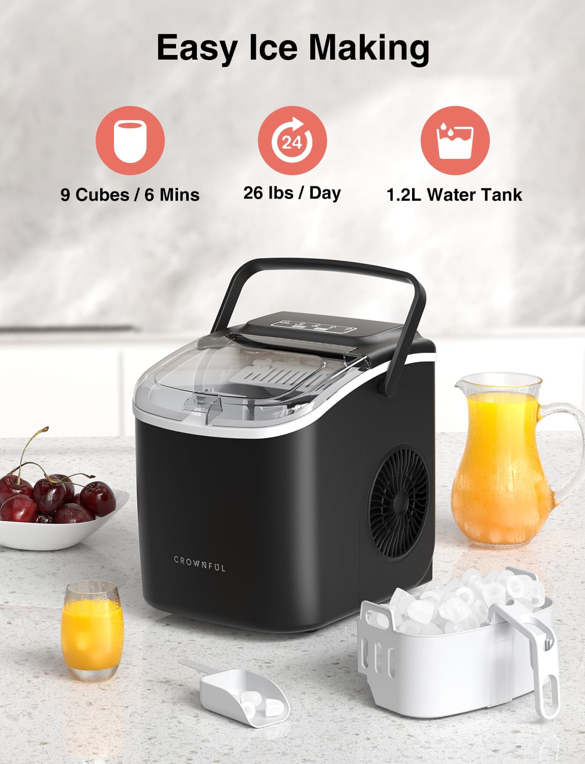 CROWNFUL Portable Countertop Ice Maker Machine - Self-Cleaning with Handle, Scoop & Basket - Makes 9 Bullet Ice Cubes in 6 Minutes, 26lbs/24H - Perfect for Home Kitchen, Office, Bar, Parties & Outdoor Gatherings