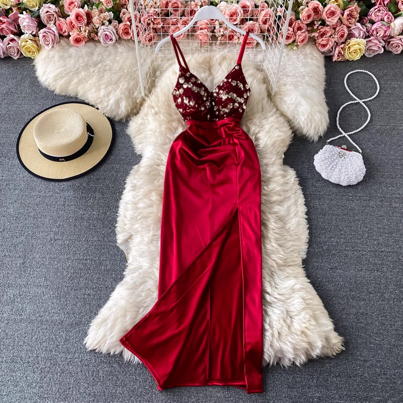 Elegant Slit Spaghetti Strap Evening Dress for Women - Sexy Formal Gown for Prom, Party & Special Events | Long Sleeve Bodycon Dress for Night Out & Date Night