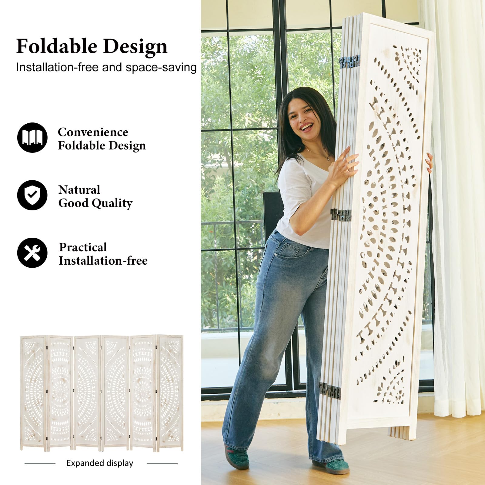 Handcrafted Wooden Room Divider - 6 Panel Folding Partition Screen with Bohemian Carvings, Antique White Finish for Home, Office & Outdoor Spaces | Perfect for Privacy, Room Separation & Decoration in Living Rooms, Bedrooms, Gardens & Terraces