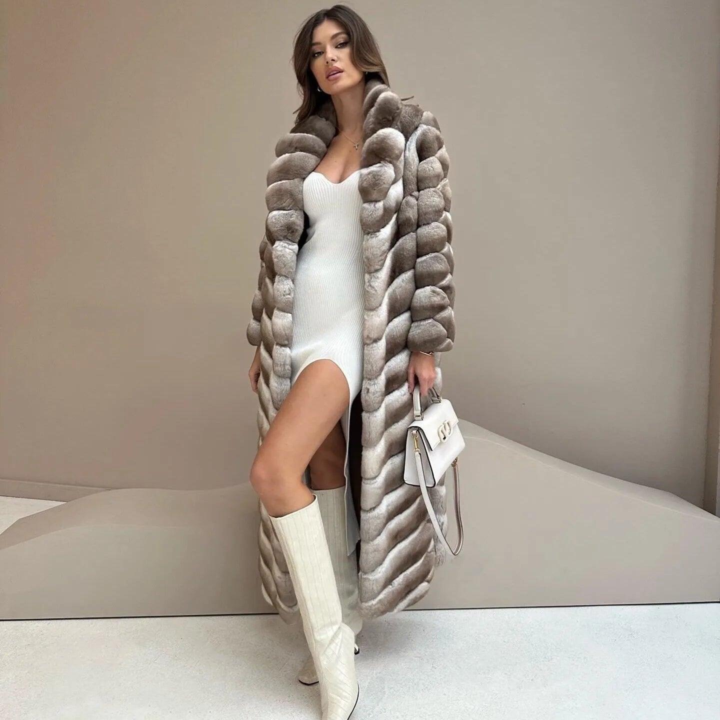Luxury Women's Long Rex Rabbit Fur Overcoat - Chinchilla Look Winter Coat for Women | Warm Fashion Outerwear for Cold Weather, Parties & Special Occasions
