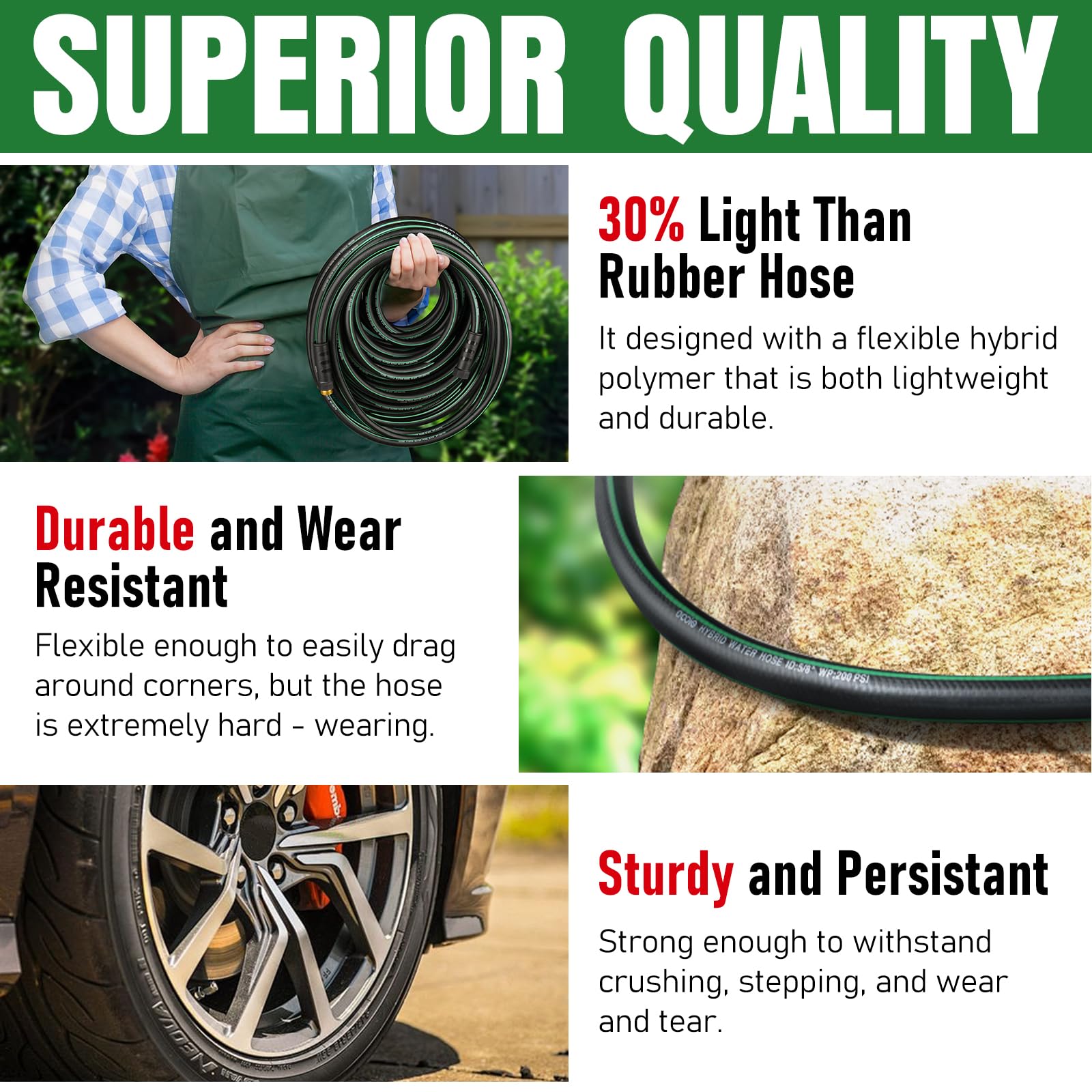 Heavy Duty 25ft Garden Hose - Non-Expandable, Flexible & Kink Resistant Water Hose with Leakproof Fittings | Lightweight Hybrid Hose for Lawn Care, Gardening & Outdoor Cleaning