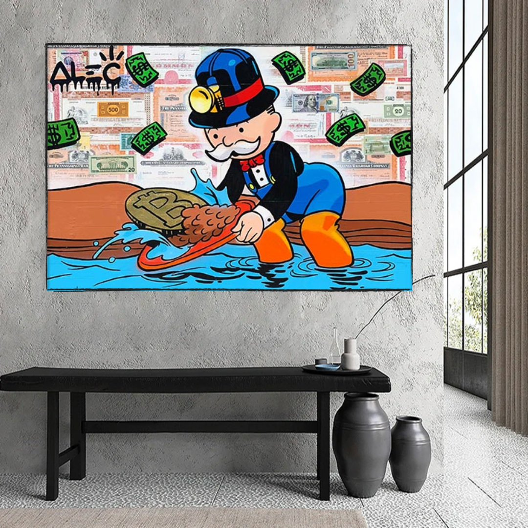 Alec Monopoly Man Bitcoin Mining Artwork - Unique Crypto Landscape Wall Decor for Home & Office - Perfect for Bitcoin Enthusiasts & Modern Art Collectors