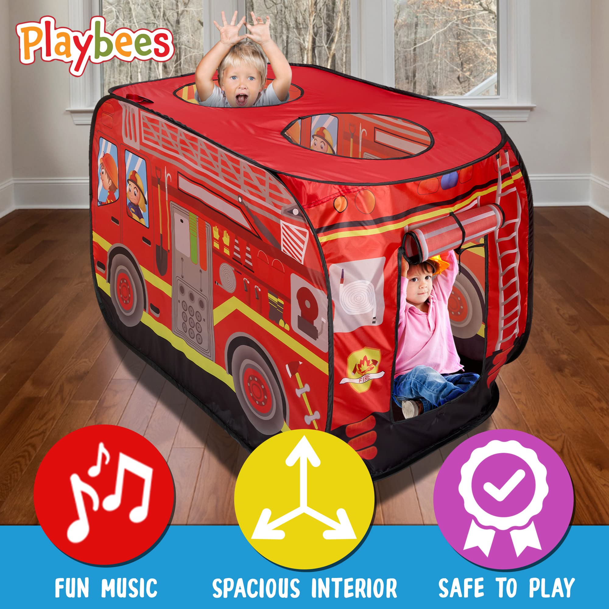 Musical Fire Truck Pop-Up Play Tent with 3 Openings - Firefighter Role Play Tent with Sirens & Fireman Sounds - Indoor & Outdoor Kids Playhouse Toy - Red Fire Engine Vehicle for Pretend Play - Perfect Gift for Birthday, Christmas & Preschool Learning (Great for Imaginative Play, Parties & Daycare Activities)
