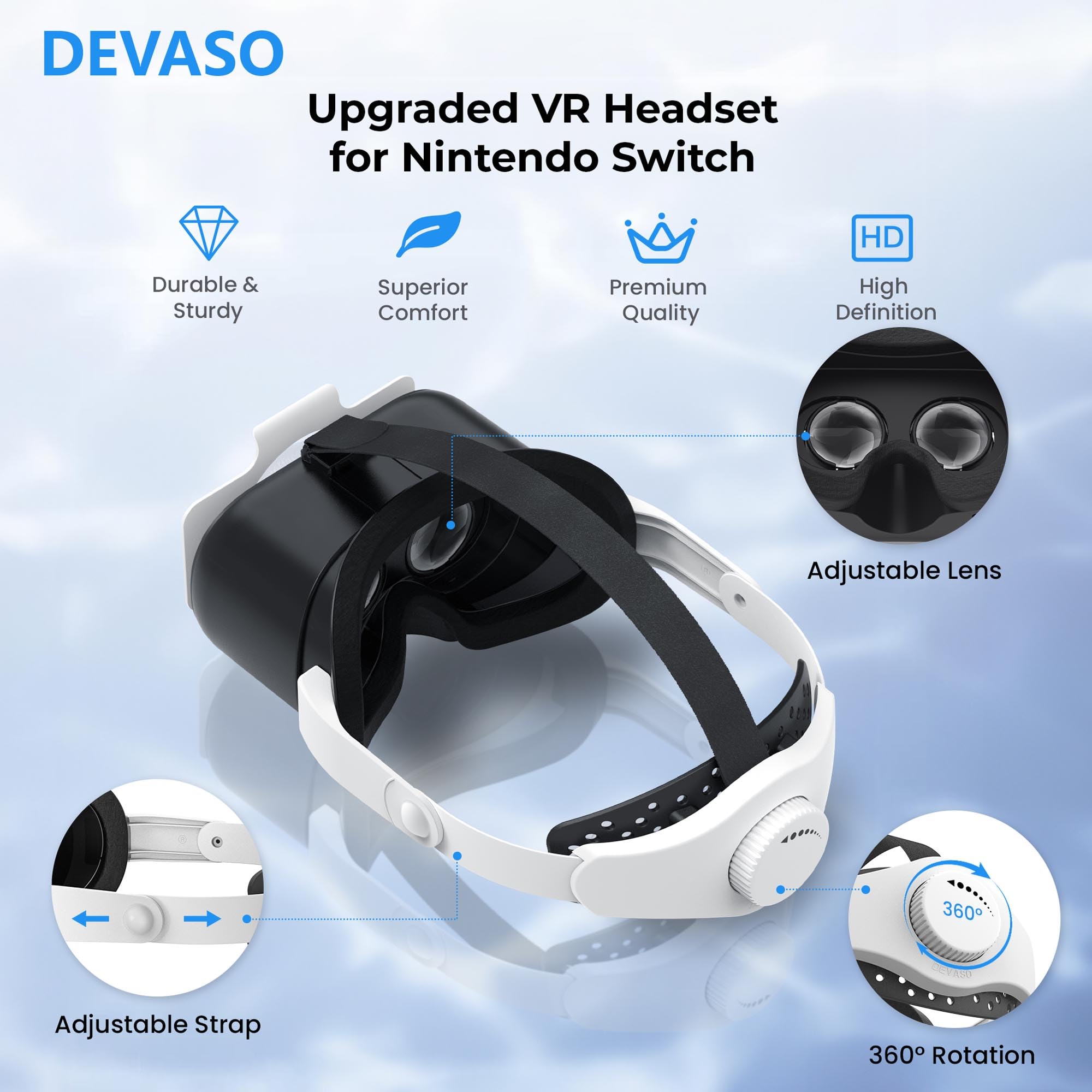 Upgraded VR Headset for Nintendo Switch & Switch OLED - Adjustable HD Lenses with Comfortable Head Strap & Rotary Button - Compatible with Switch VR Games & Labo VR Accessories (Black/White) - Perfect for Immersive Gaming, Virtual Reality Experiences & Family Entertainment