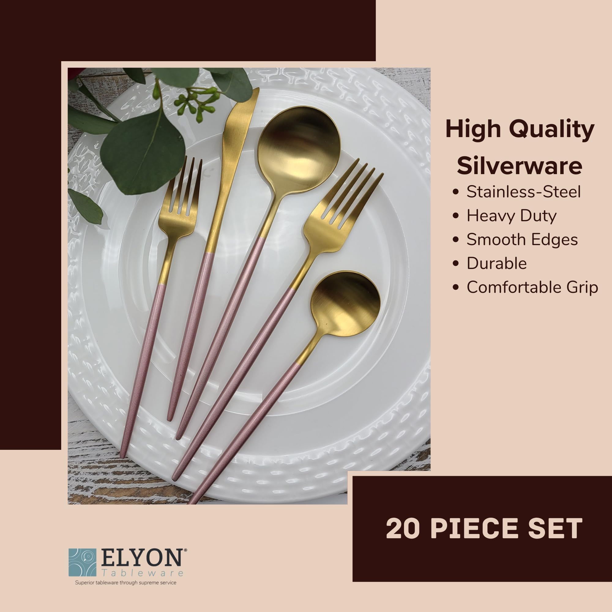 Elyon Lea 20-Piece Matte Gold and Pink Flatware Set - 18/10 Stainless Steel Silverware with Pink Thin Handles & Gold Finish Cutlery - Service for 4 - Perfect for Dinner Parties, Weddings, and Elegant Home Dining