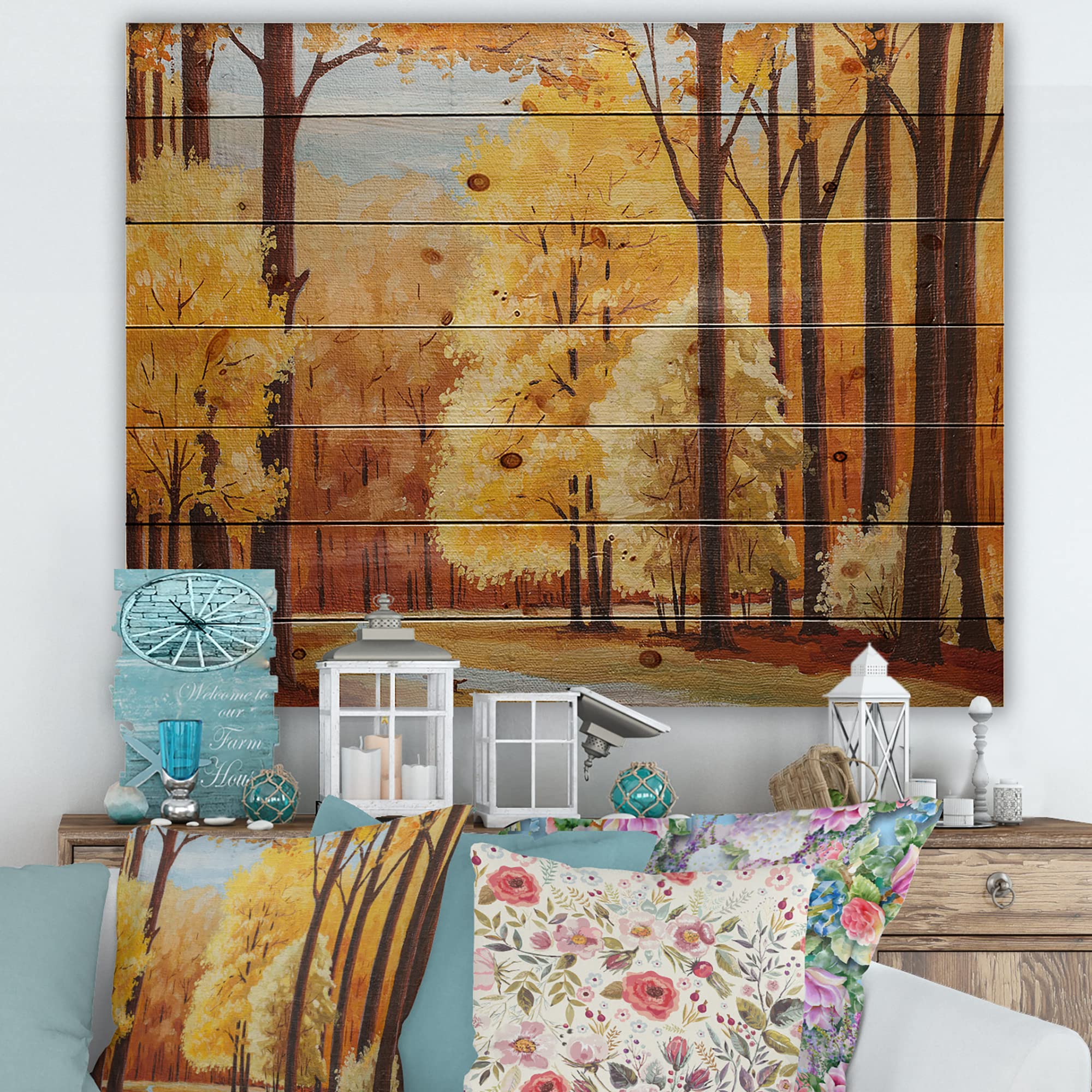 DesignQ Orange Autumn Trees At Dawn Farmhouse Wood Wall Decor - Large Yellow Wood Wall Art Panel with Landscape Print on Natural Pine - Perfect for Living Room, Bedroom & Home Office Decor