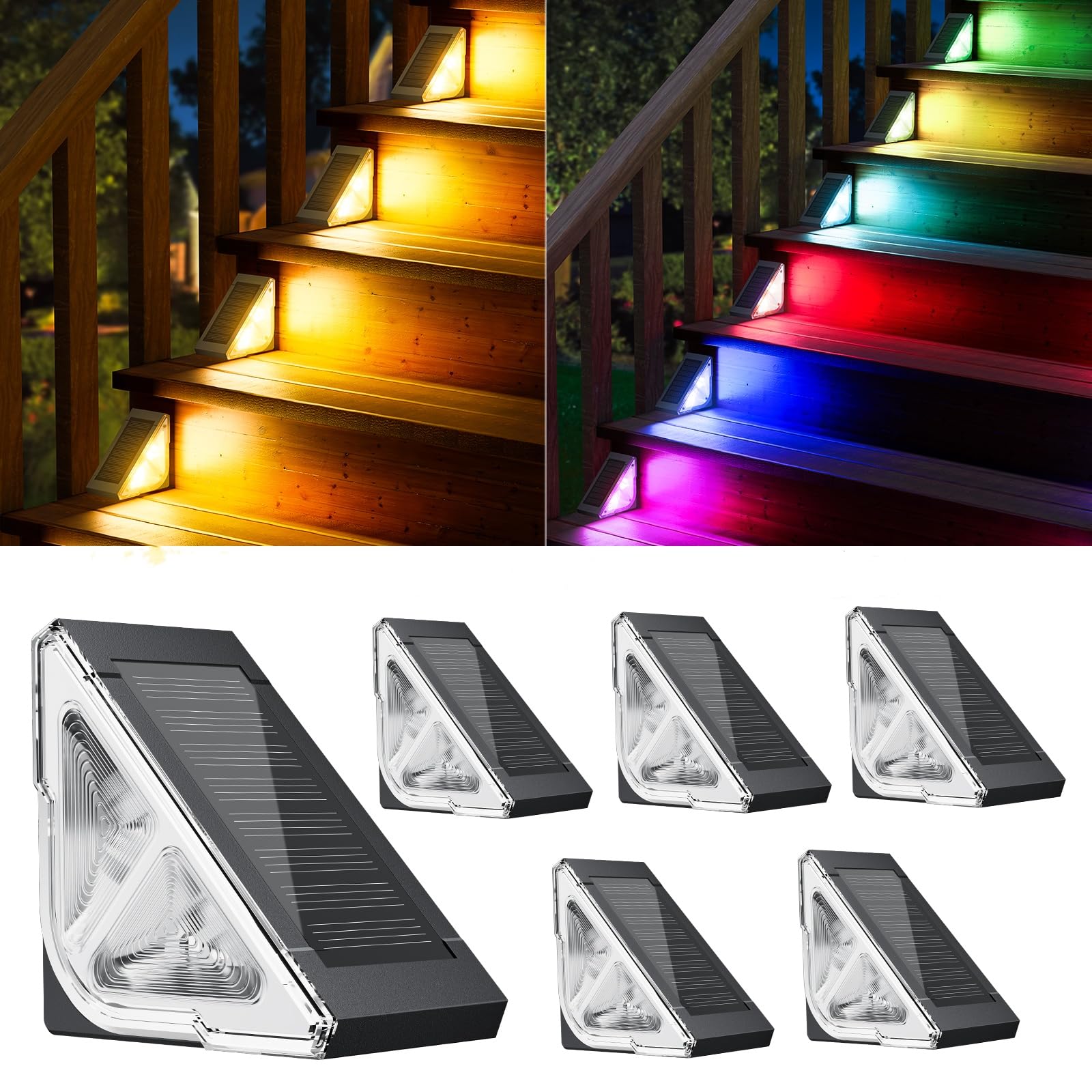 Solar Powered Outdoor Step Lights - 6 Pack Waterproof LED Stair Lights with RGB & Warm White Modes, Auto On/Off for Patio, Yard, Porch, Front Door, Garden Pathway (Ideal for Nighttime Safety & Landscape Lighting)