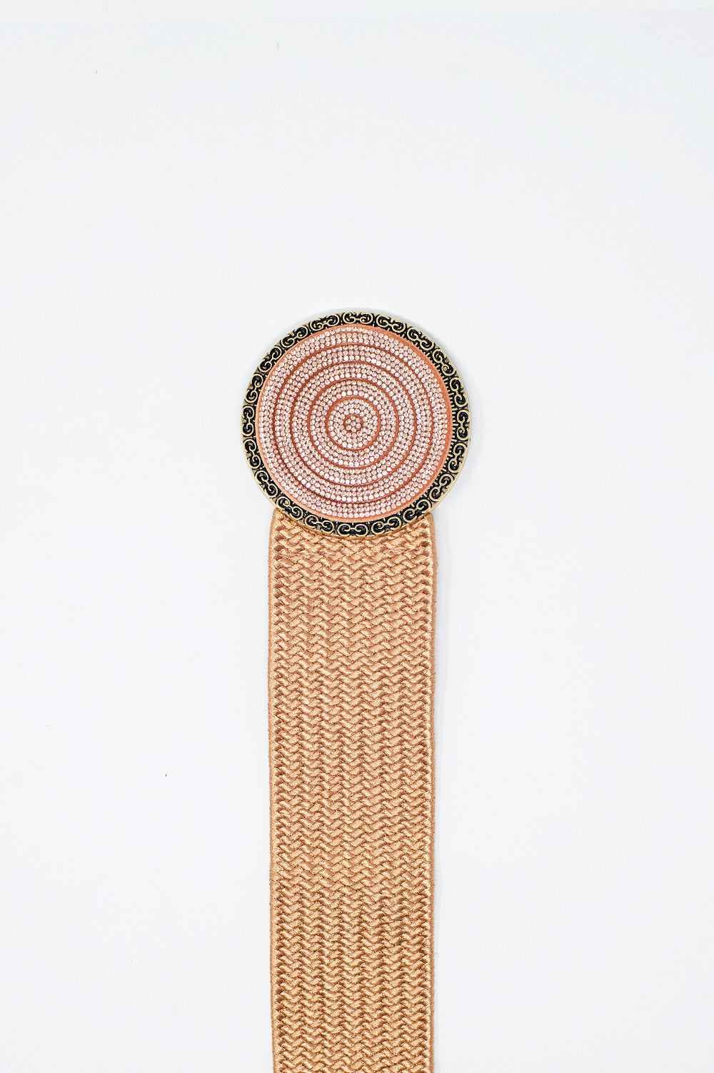 Sparkling Rose Pink Woven Belt with Round Rhinestone Buckle - Elegant Waist Accessory for Dresses, Jeans & Formal Outfits