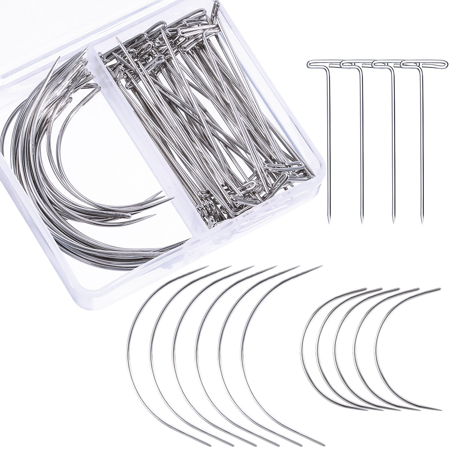 70-Piece Wig Making Pins & Needles Set - T Pins & C Curved Needles for Hair Weaving, Wig Making, Knitting Blocking, Modeling & DIY Crafts - Perfect for Styling, Sewing & Creative Projects
