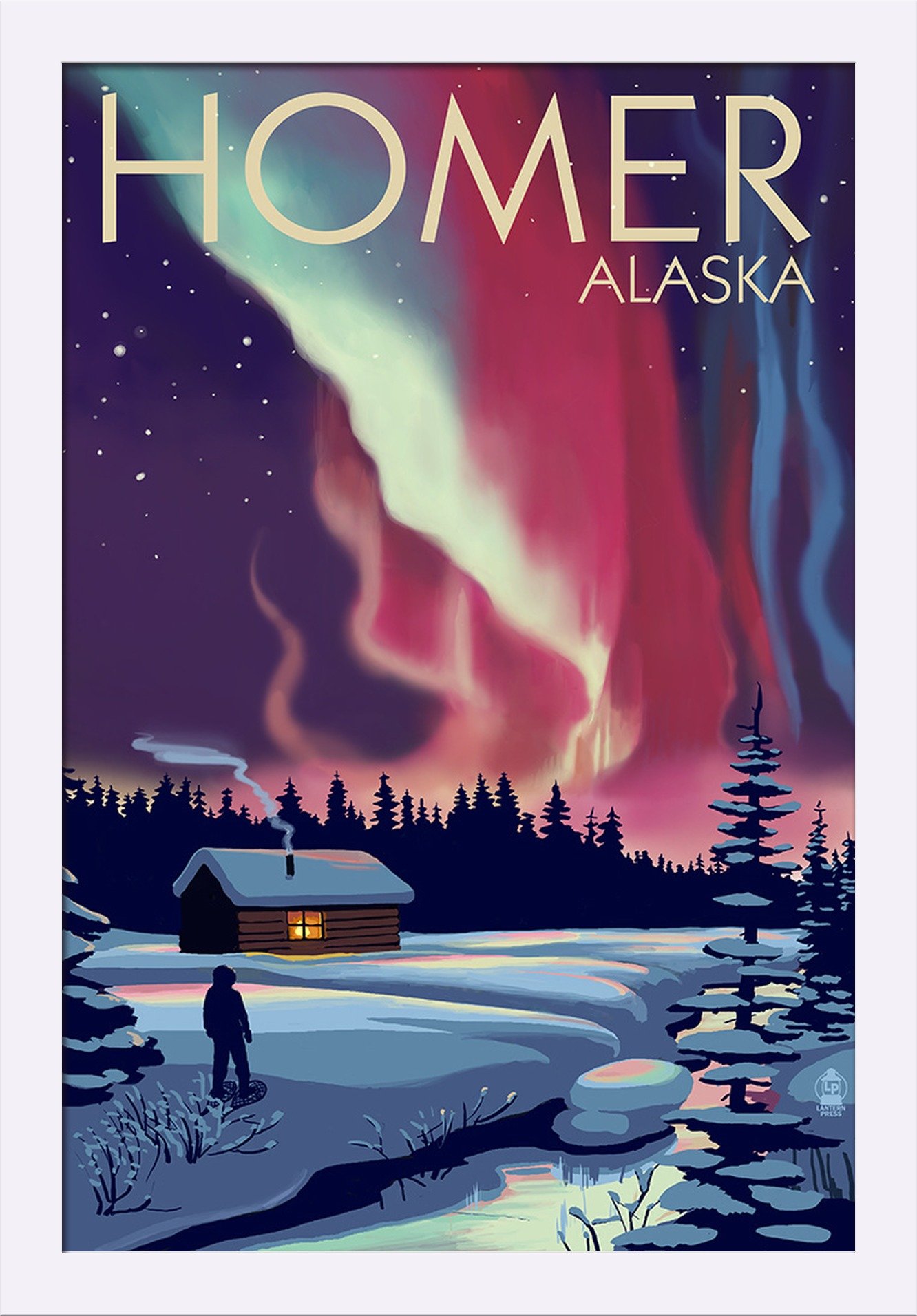 16x24 Giclee Fine Art Print of Homer Alaska Northern Lights & Cabin - Recycled Wood Frame in White - Perfect for Living Room, Bedroom or Office Wall Decor