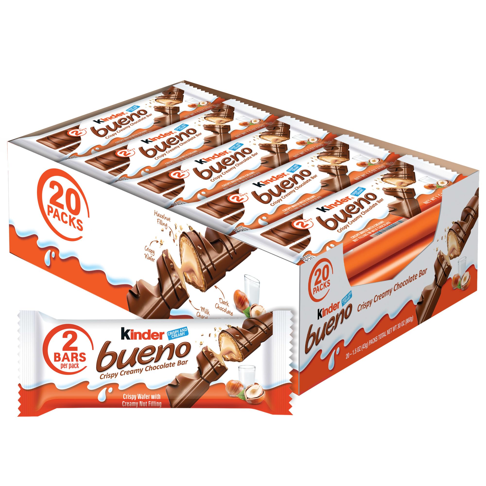 Kinder Bueno Milk Chocolate Hazelnut Cream Bars - Bulk 20 Pack (2 Bars per Pack, 30 Oz) - Perfect for Holiday Gifts, Stocking Stuffers & Party Favors - Great for Birthday Celebrations, Office Treats & Sweet Snacks