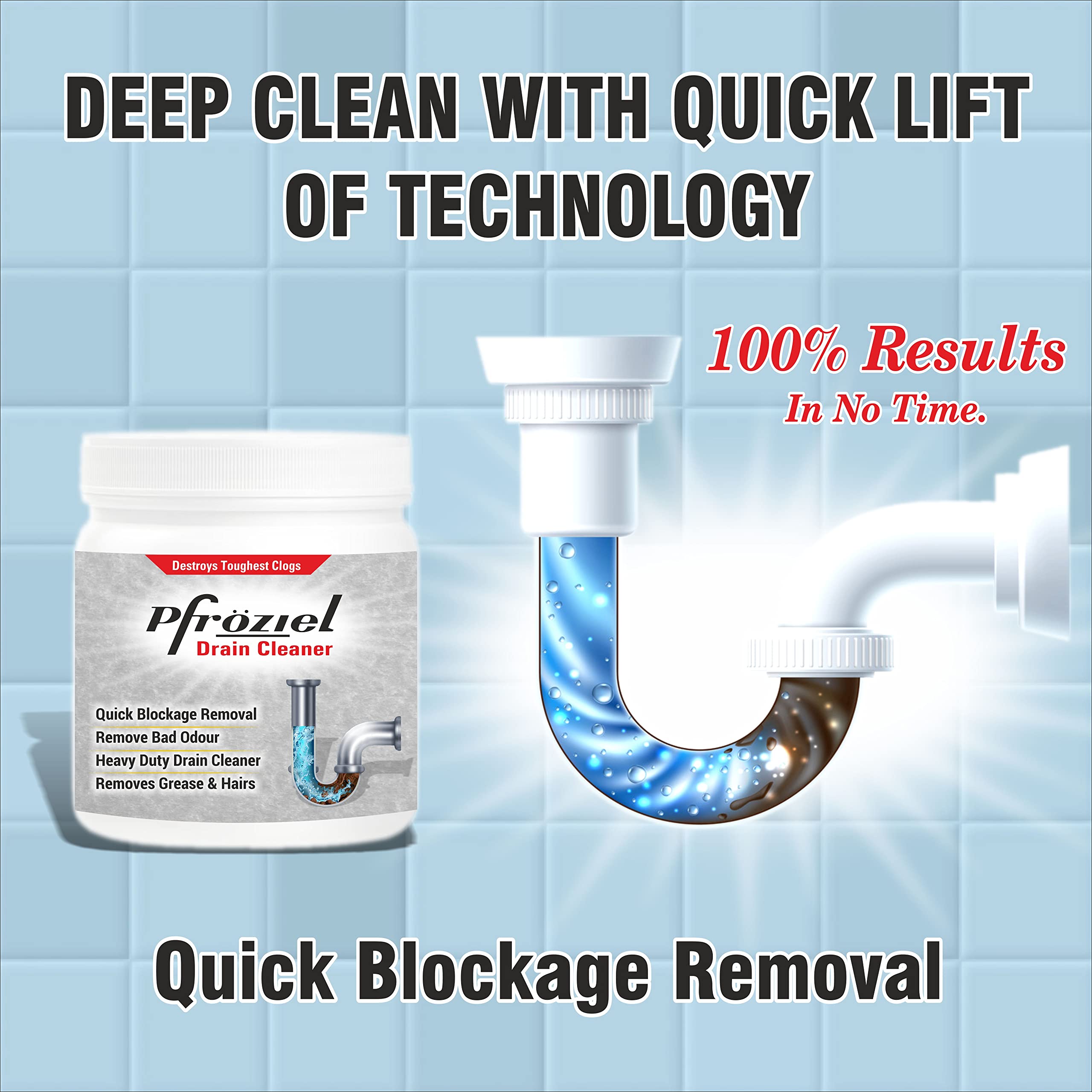 Pfroziel Heavy Duty Drain Cleaner Powder (450g) - Instant Clog Remover for Sink, Shower & Bathtub Pipes - Fast Unclogging Solution for Kitchen & Bathroom Drains