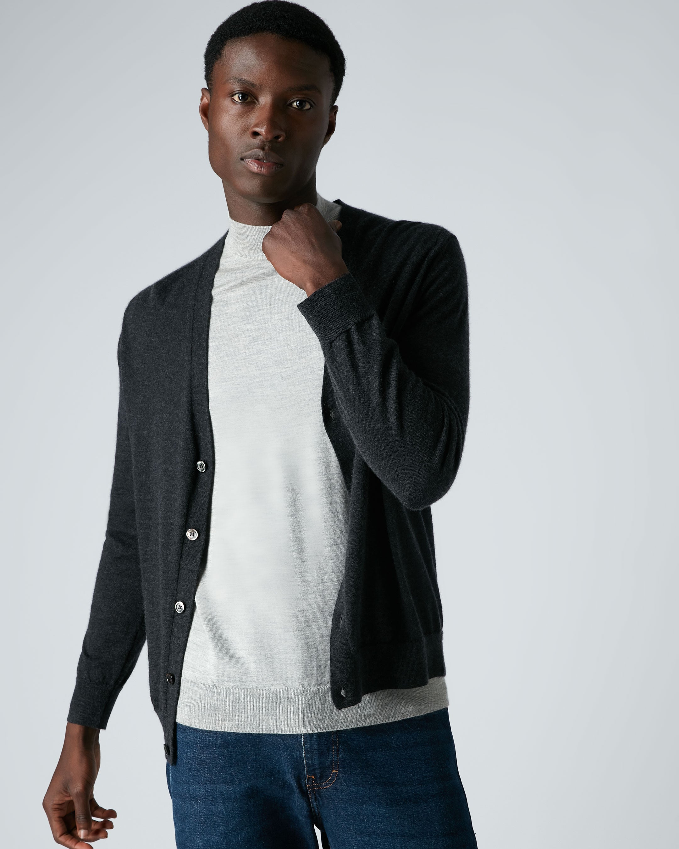Premium Men's Cashmere Cardigan - Fine Gauge Knit Dark Charcoal Grey Sweater for Business Casual & Winter Wear