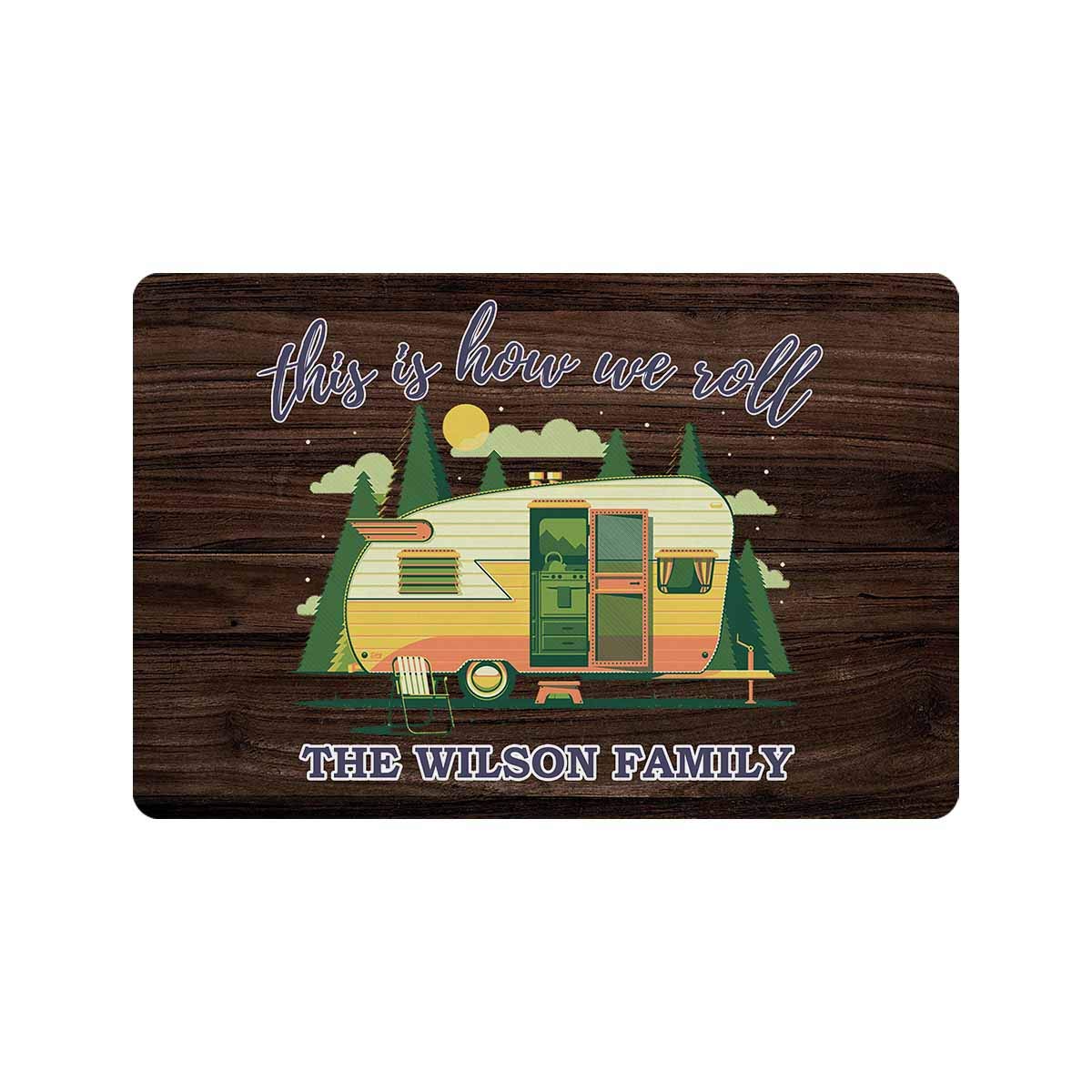 Custom Family Name Happy Camper Doormat - Personalized 'This is How We Roll' Welcome Mat, Non-Slip Indoor/Outdoor Rug (24x16 Inches) for Home Entryway, RV, Camper & Travel Use