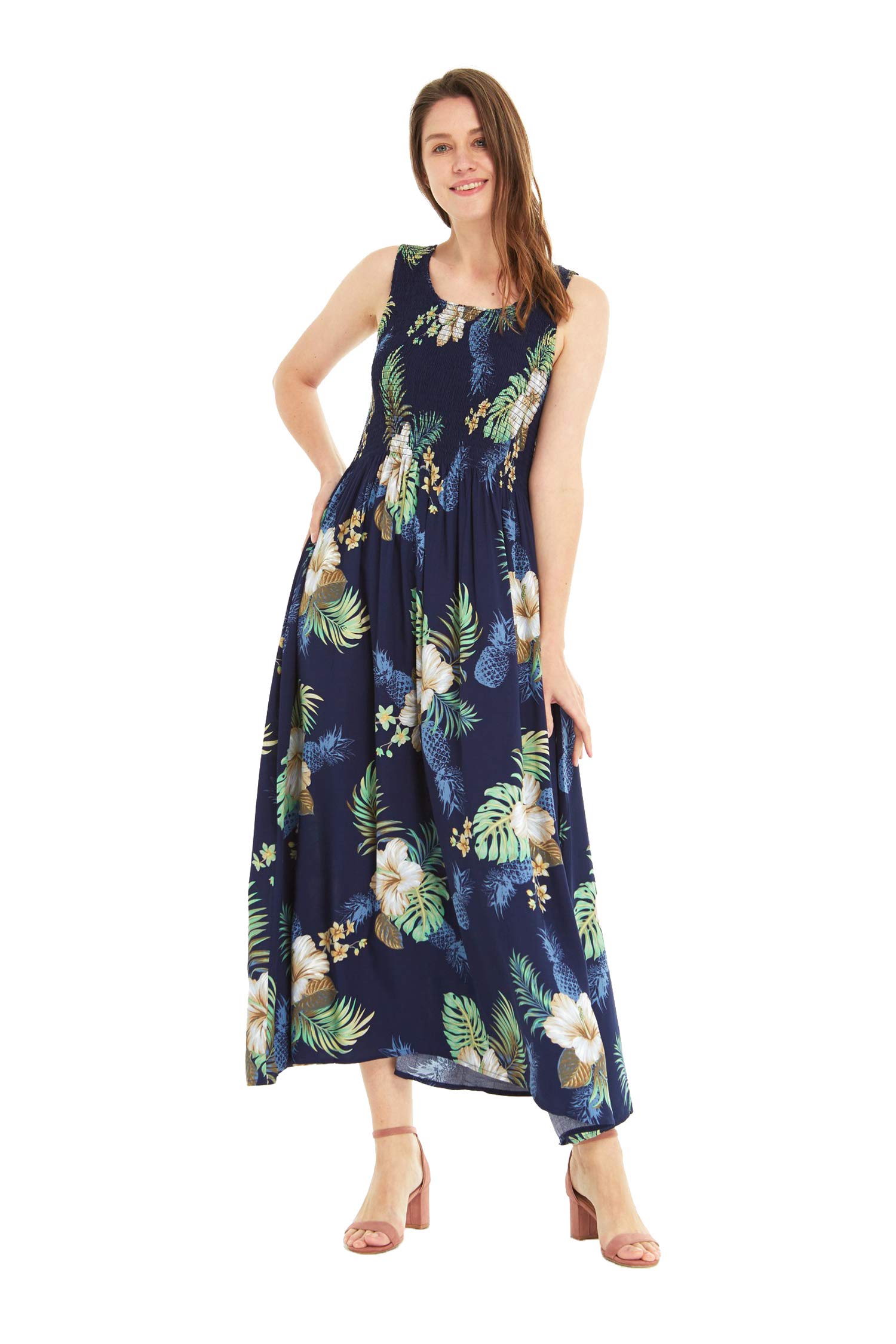 Hawaiian Maxi Dress for Women - Flowy Elastic Tank Luau Dress with Pineapple Print | Perfect for Beach Vacation, Summer Party & Tropical Garden Events