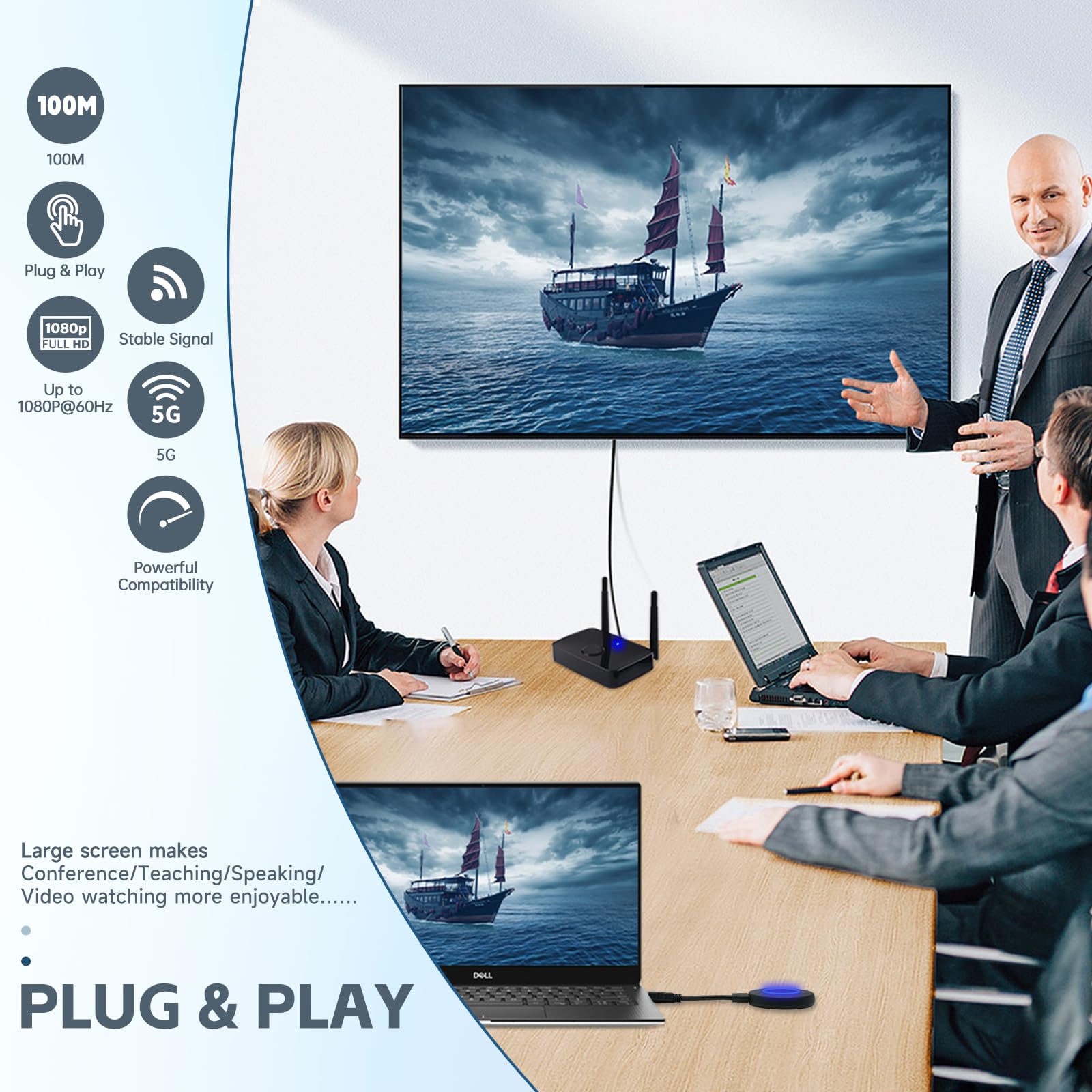 Wireless HDMI Transmitter and Receiver Kit - 1080P@60Hz Full HD HDMI VGA Extender Converter with 2.4/5G Dual Band, 100M/328FT Range - Stream Video & Audio from Laptop, PC, Camera to TV, Monitor, Projector for Home Theater, Gaming, Office Presentations