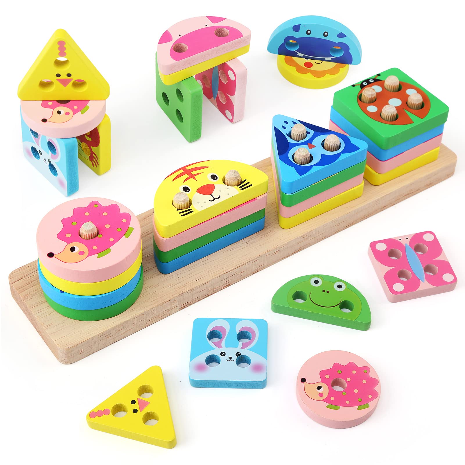 Montessori Wooden Sorting & Stacking Toys for Toddlers 1-4 Years Old - Educational Shape Sorter, Color Recognition Puzzle - Sensory Learning Toys for Boys & Girls - Perfect for Preschool Classroom, Daycare & Home Playtime