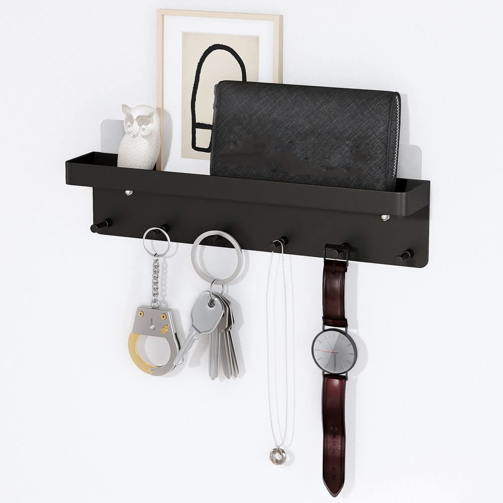 6-Hook Wall Mount Key Holder with Mail Organizer - No Drill Adhesive Key Rack with Tray for Entryway, Hallway, Kitchen & Office - Perfect for Home Organization & Space Saving (Black)
