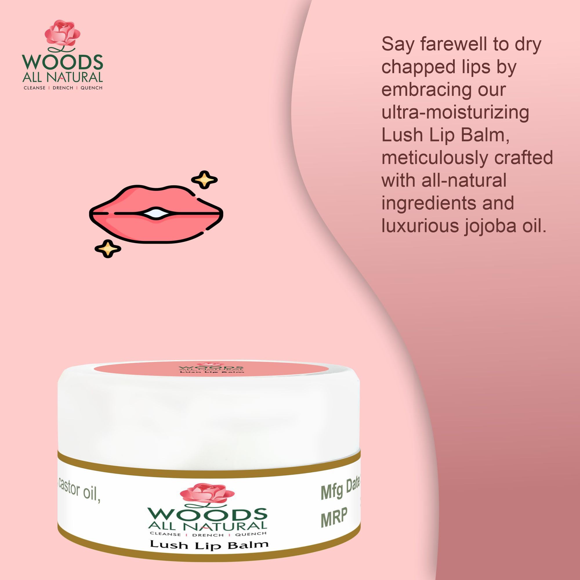 Woods All Natural Lush Lip Balm for Pink Lips - Vitamin E, Shea Butter & Jojoba Oil Lip Care | Hydrating Treatment for Dark & Chapped Lips | SPF Protection | 10g Cosmopolitan | Perfect for Daily Use, Outdoor Activities & Winter Lip Care