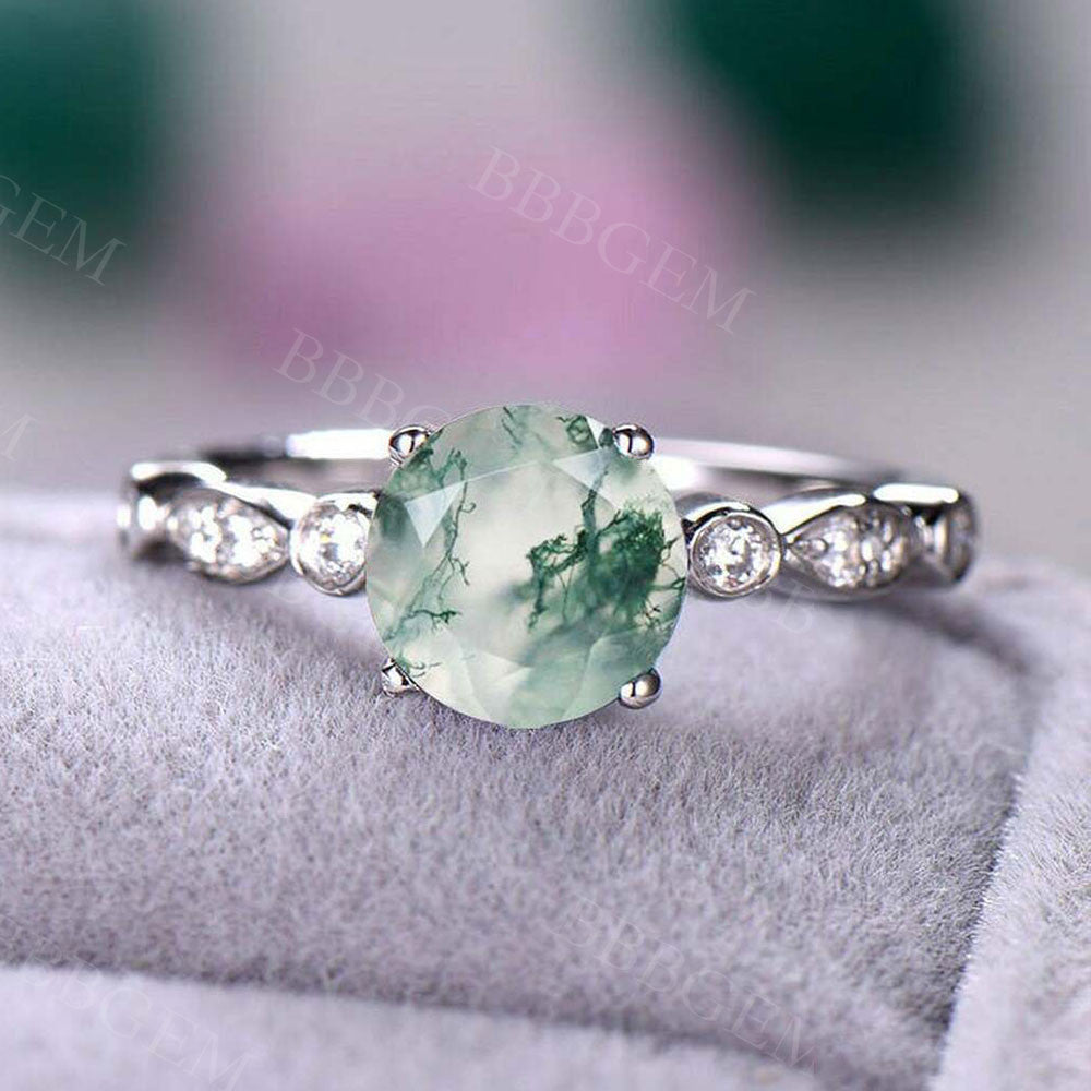 Exquisite Moss Agate & Diamond Solitaire Engagement Ring in 14K White Gold – Perfect for Proposals, Weddings & Anniversary Gifts