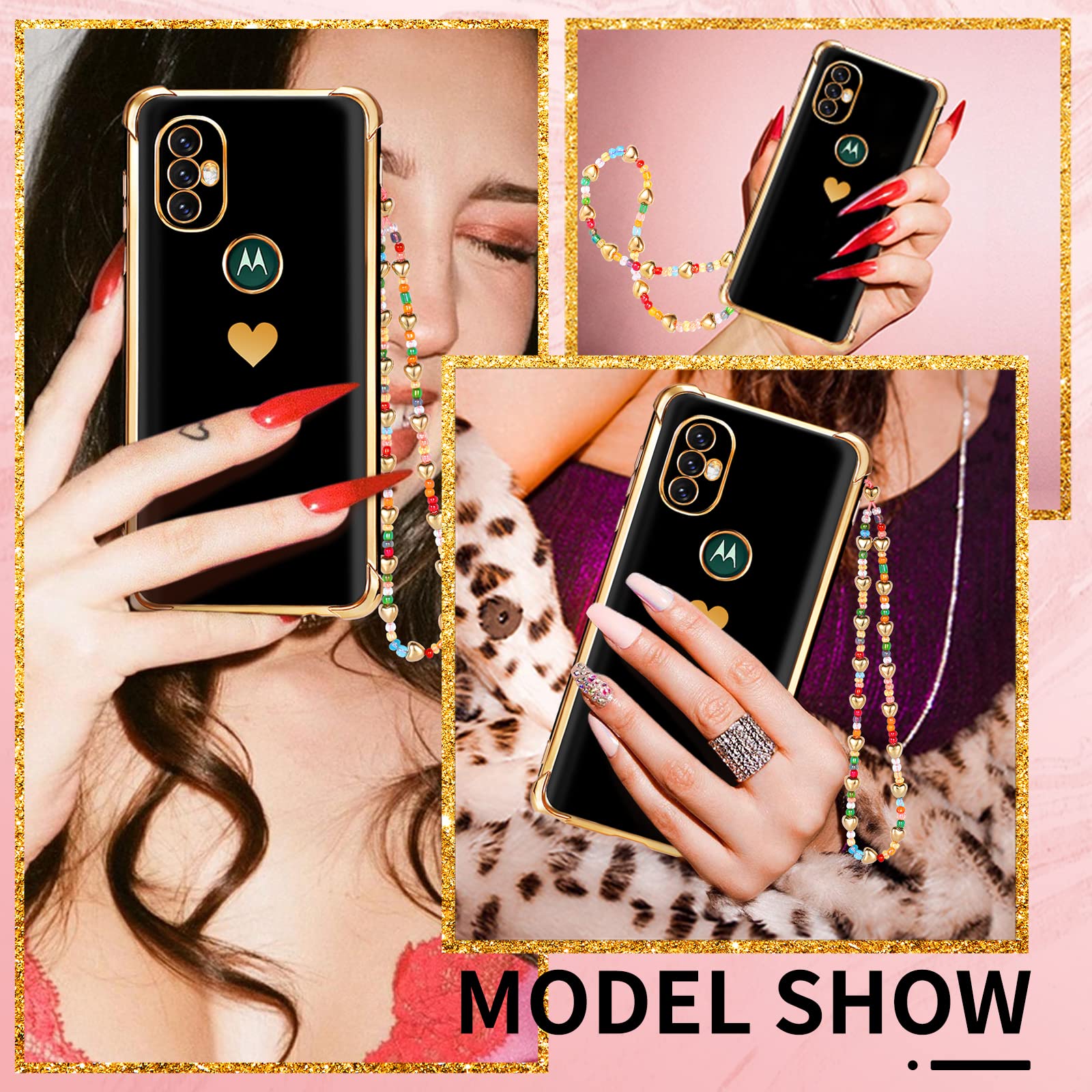 3-in-1 Heart Pattern Phone Case for Motorola Moto G Power 2022 (6.5 Inch) - Cute Aesthetic Love Design with Screen Protector & Chain - Perfect Gift for Women & Girls (Black Gold Luxury Girly Style) - Ideal for Daily Use, School, Work & Travel Protection