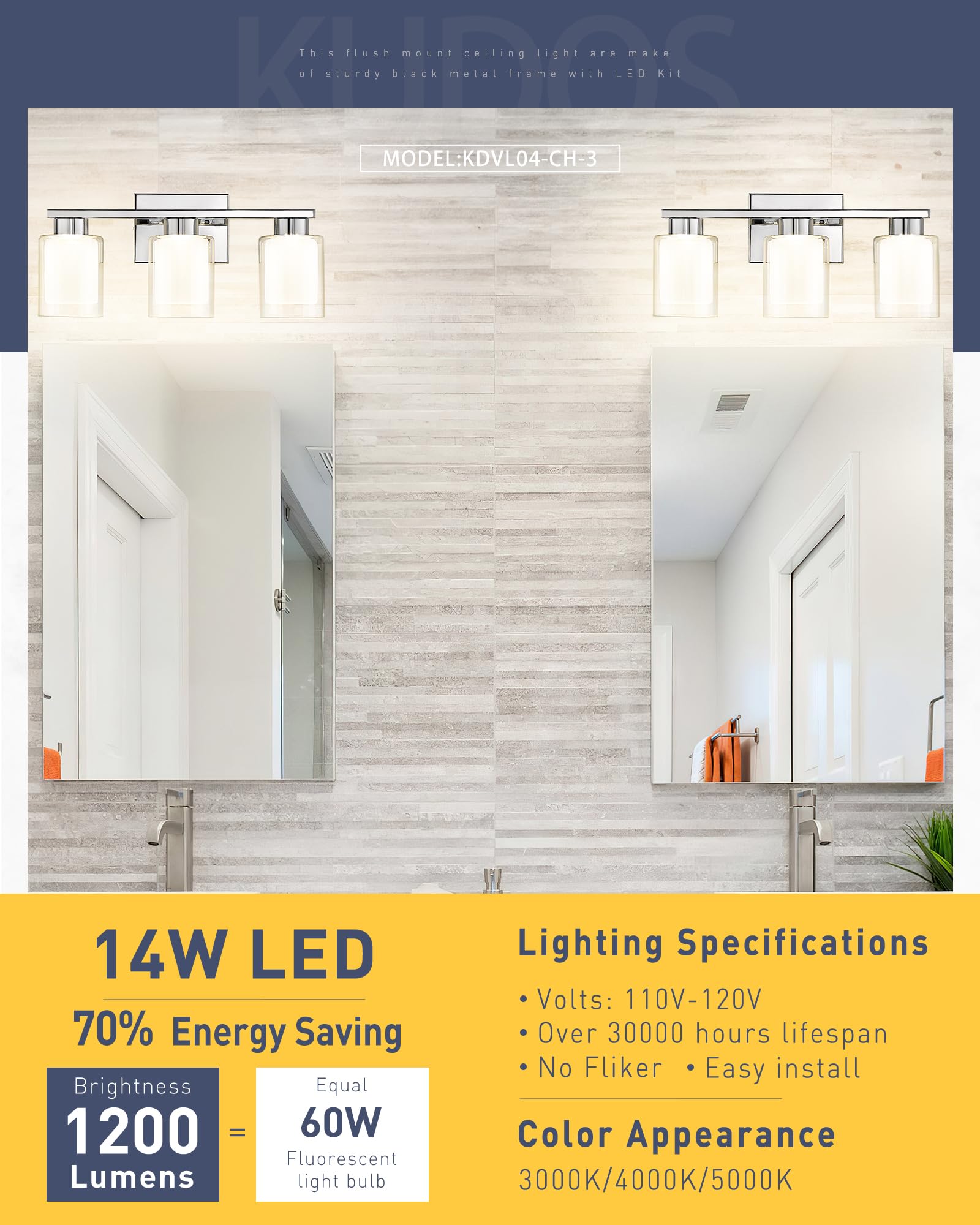 Kudos LED Vanity Lights for Bathroom - Modern Chrome 3-Light Bathroom Fixture with Clear & Frosted Glass, 3000K/4000K/5000K Adjustable Color Temperature (KDVL04-CH-3) - Perfect for Makeup, Shaving & Grooming in Modern Bathrooms