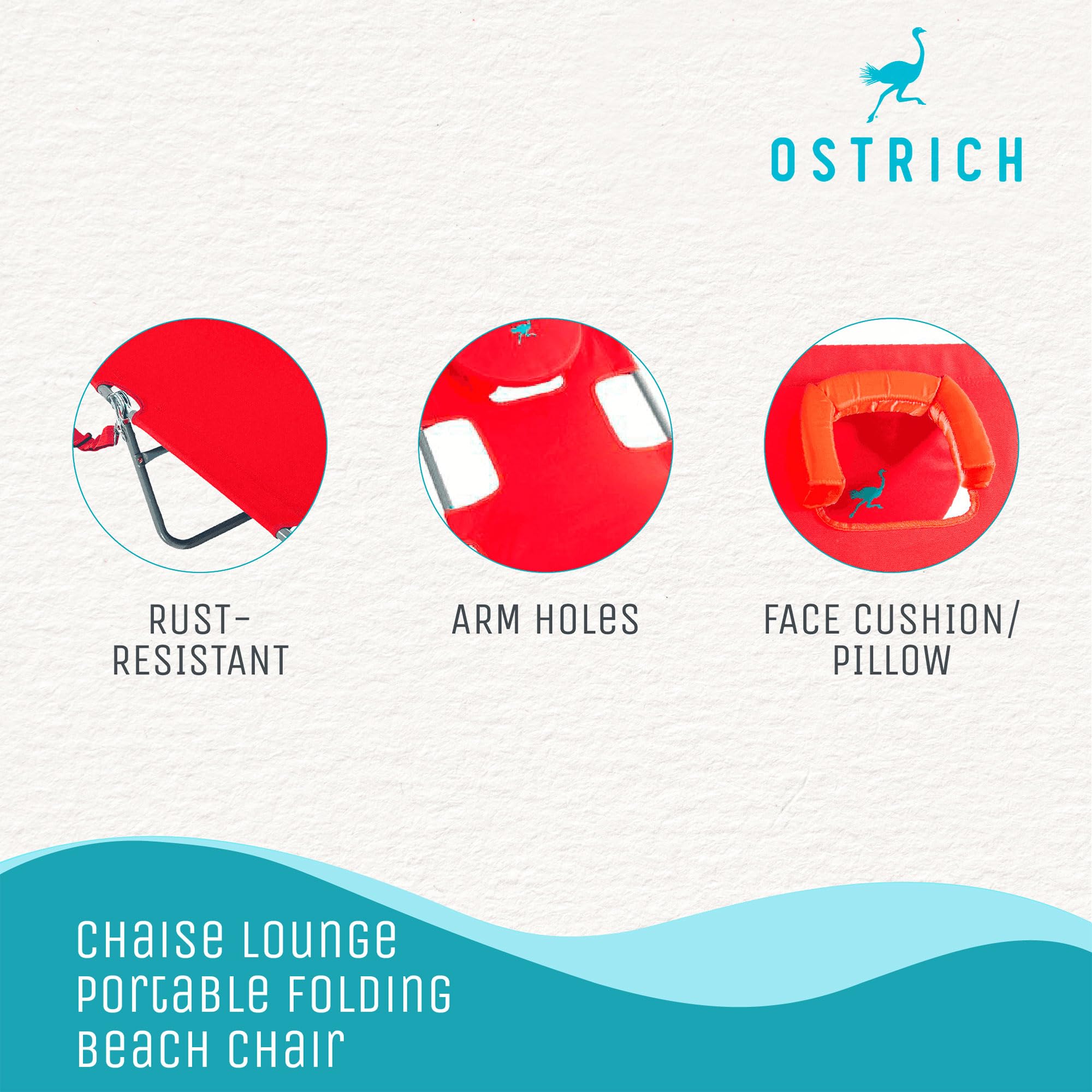 Ostrich Chaise Folding Steel Frame Beach Lounger - 5 Position Adjustable Reclining Outdoor Camping Lawn Chair with Portable Carry Strap - Perfect for Beach, Poolside, Backyard & Picnic (Red)