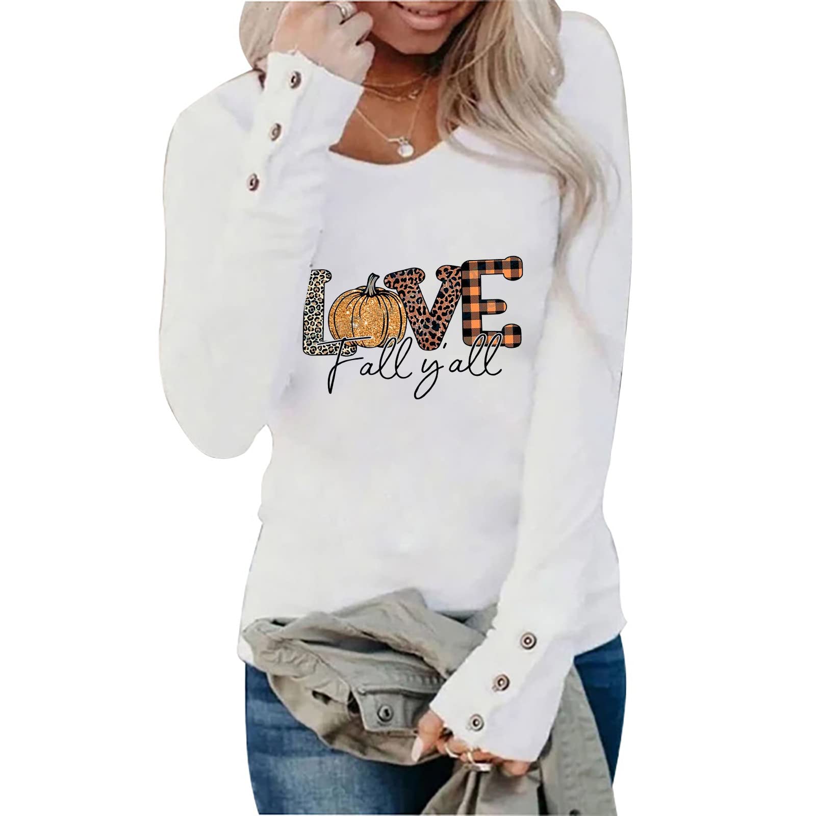 Halloween Graphic Print Tee Shirt for Women - Long Sleeve Fall Blouse with Round Neck | Loose Fit Pullover Top for Halloween Parties, Costume Events & Autumn Outfits