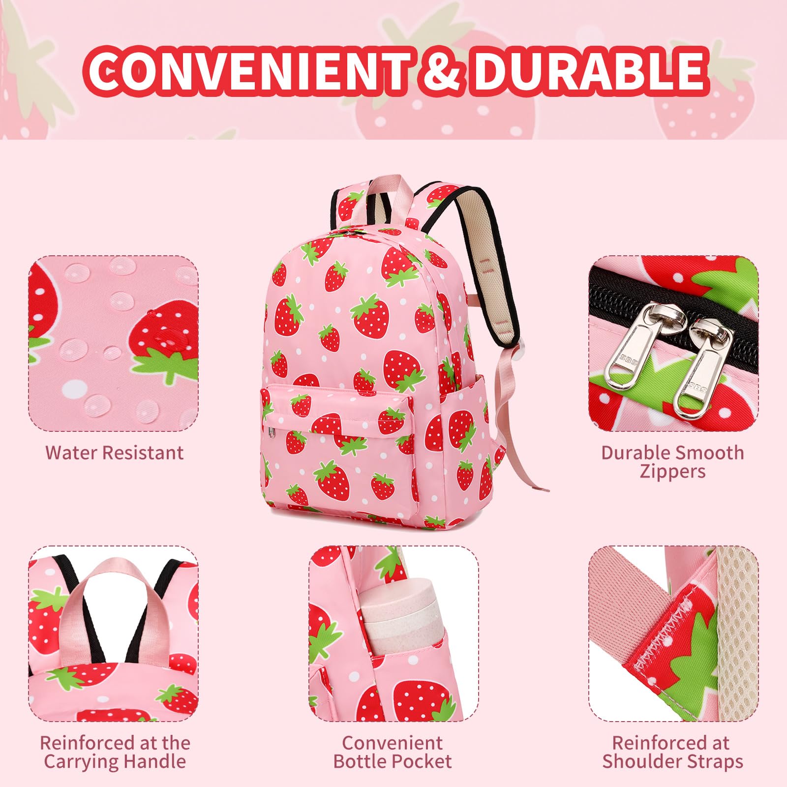 AUIVTY Kids Backpack for Preschool & Kindergarten - Medium Size Toddler Backpack with Lunch Box, Pink School Bookbag for Daycare, Travel & Daily Use